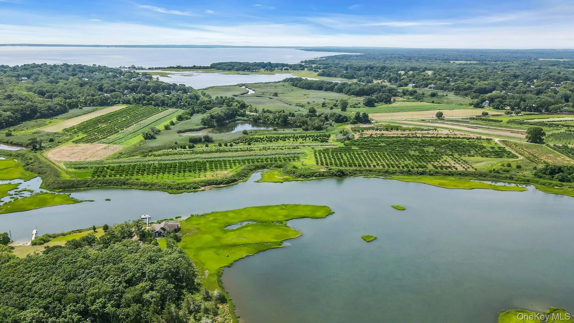 Coastal landscape featuring a large body of water, extensive green areas, and cultivated fields Coastal landscape featuring a large body of water, extensive green areas, and cultivated fields