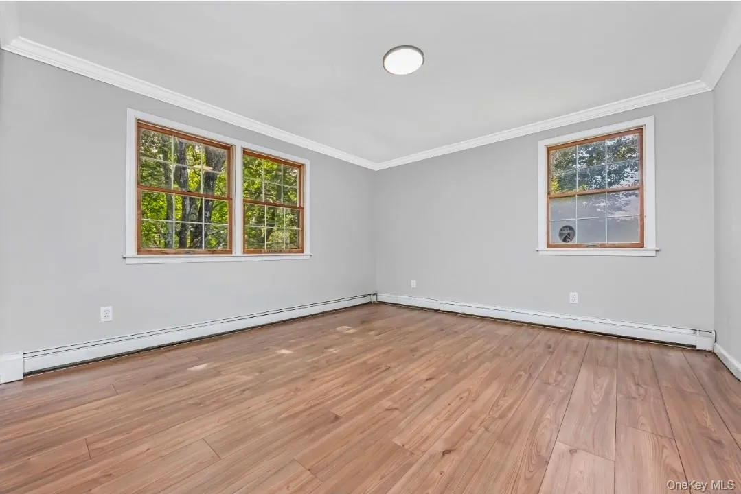 Neutral wall color, wood-finish flooring, two large windows, single ceiling light fixture, and white crown molding Neutral wall color, wood-finish flooring, two large windows, single ceiling light fixture, and white crown molding