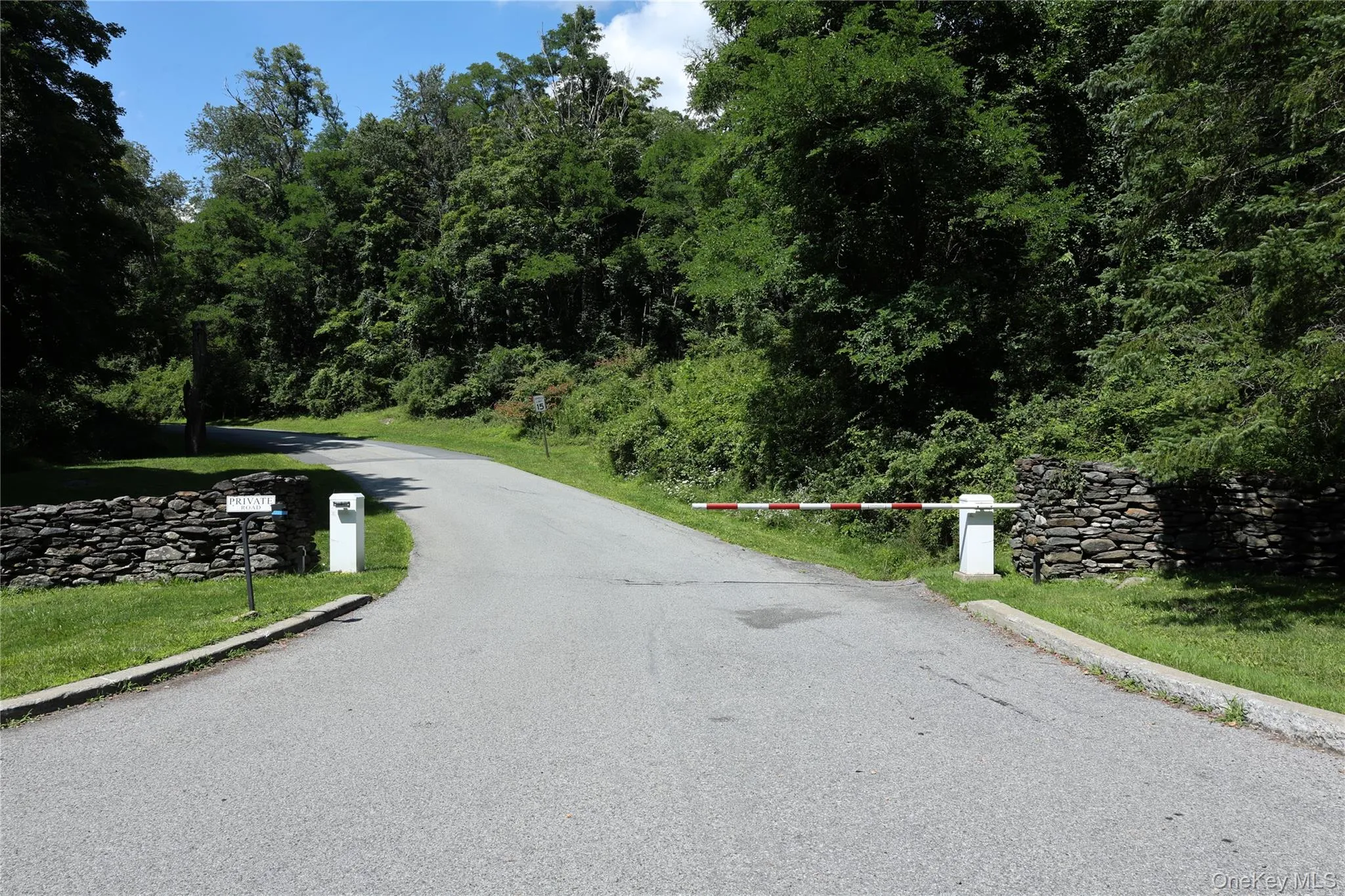 Paved entry drive with stone retaining walls and a security arm Paved entry drive with stone retaining walls and a security arm