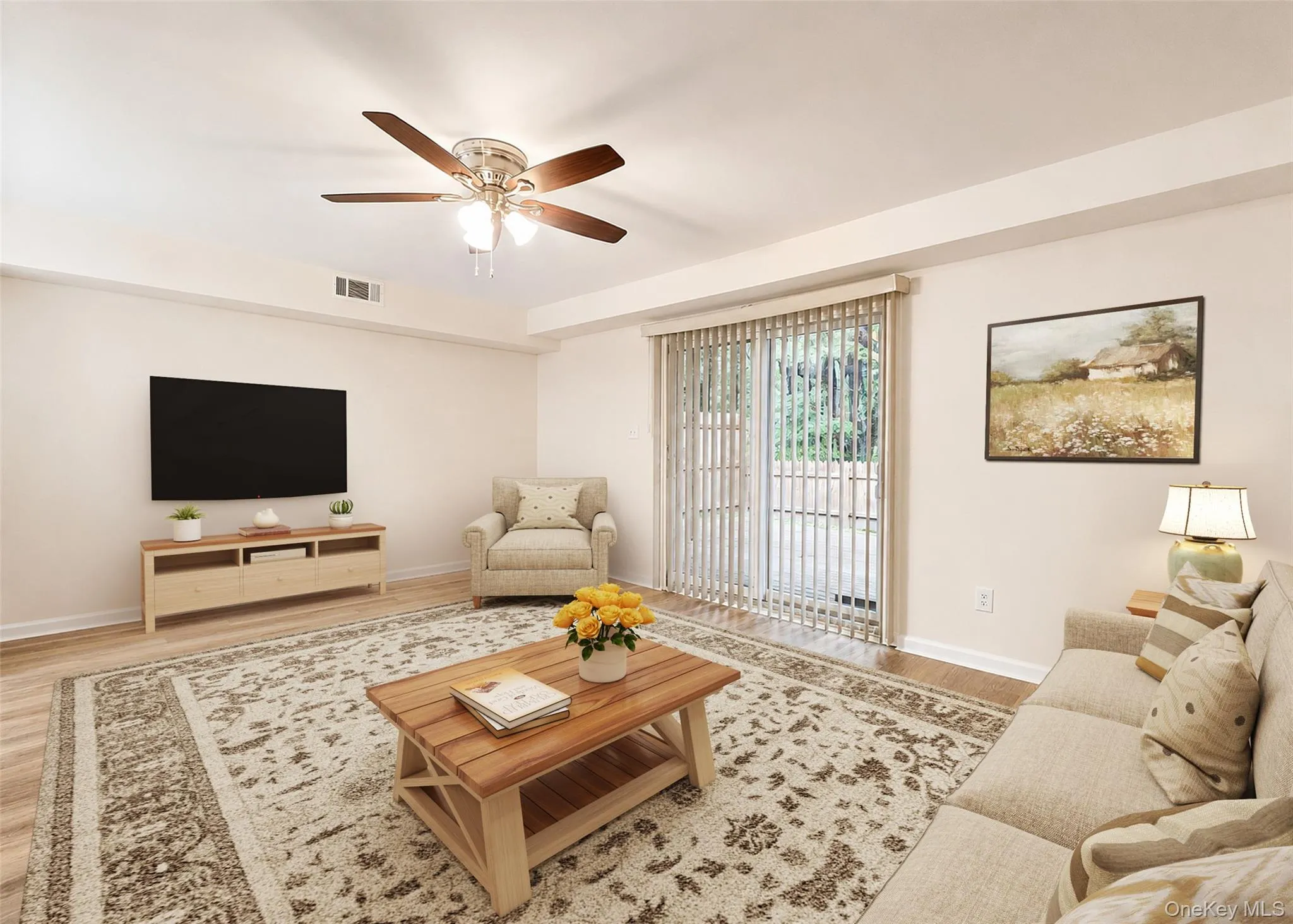 Spacious Living Room With New Wide-Plank Oak Laminate Flooring & Slider Leading To Private Yard. Spacious Living Room With New Wide-Plank Oak Laminate Flooring & Slider Leading To Private Yard.