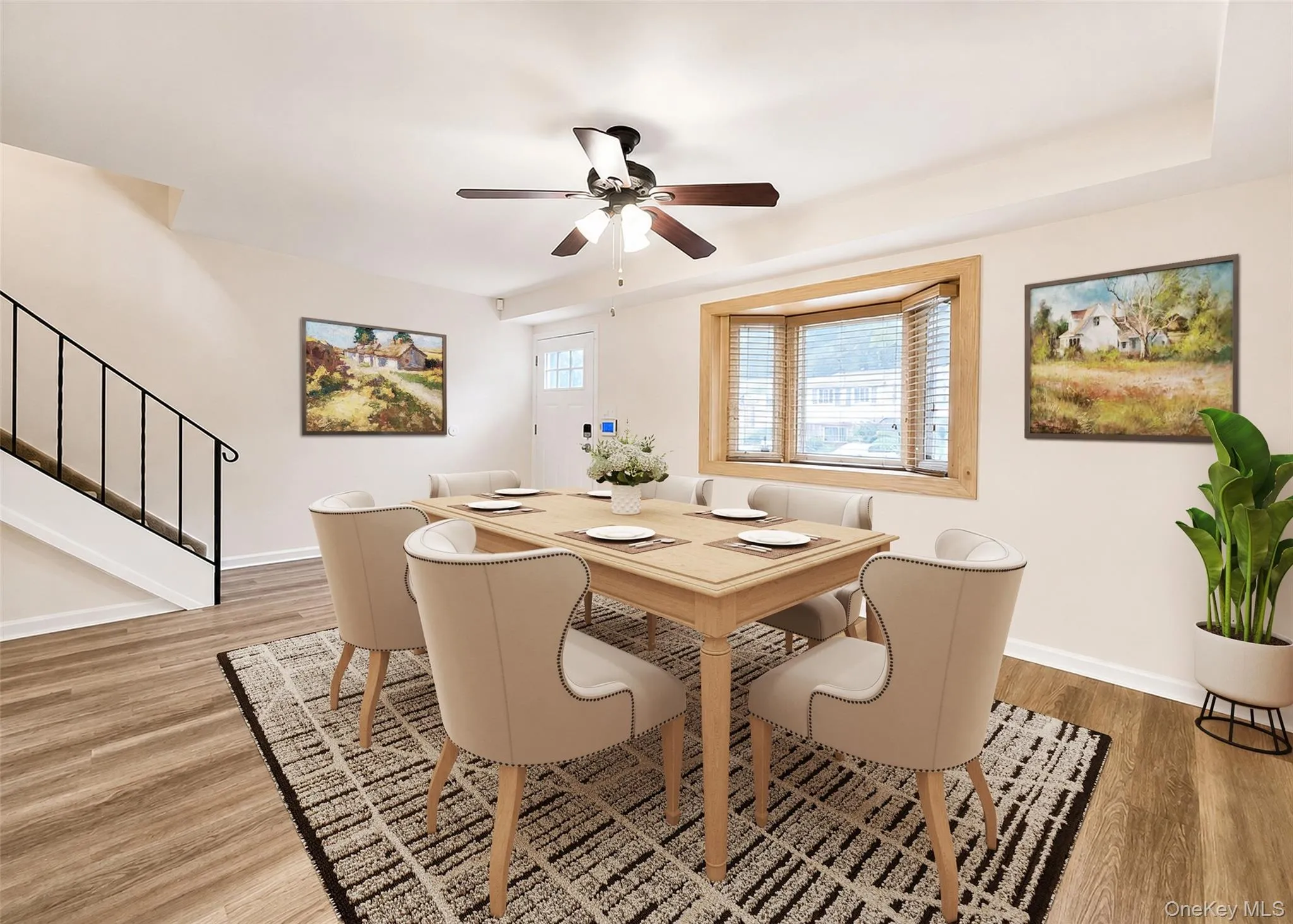 Formal Dining Room With 7 Year Old Andersen Bay Window, New Wide-Plank Oak Laminate Flooring, & Ceiling Fan. Formal Dining Room With 7 Year Old Andersen Bay Window, New Wide-Plank Oak Laminate Flooring, & Ceiling Fan.