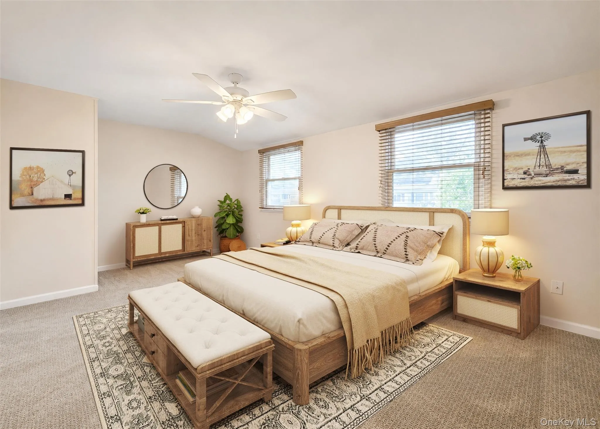 Large Primary Bedroom With Newer Wall To Wall Carpet & Ceiling Fan. Large Primary Bedroom With Newer Wall To Wall Carpet & Ceiling Fan.