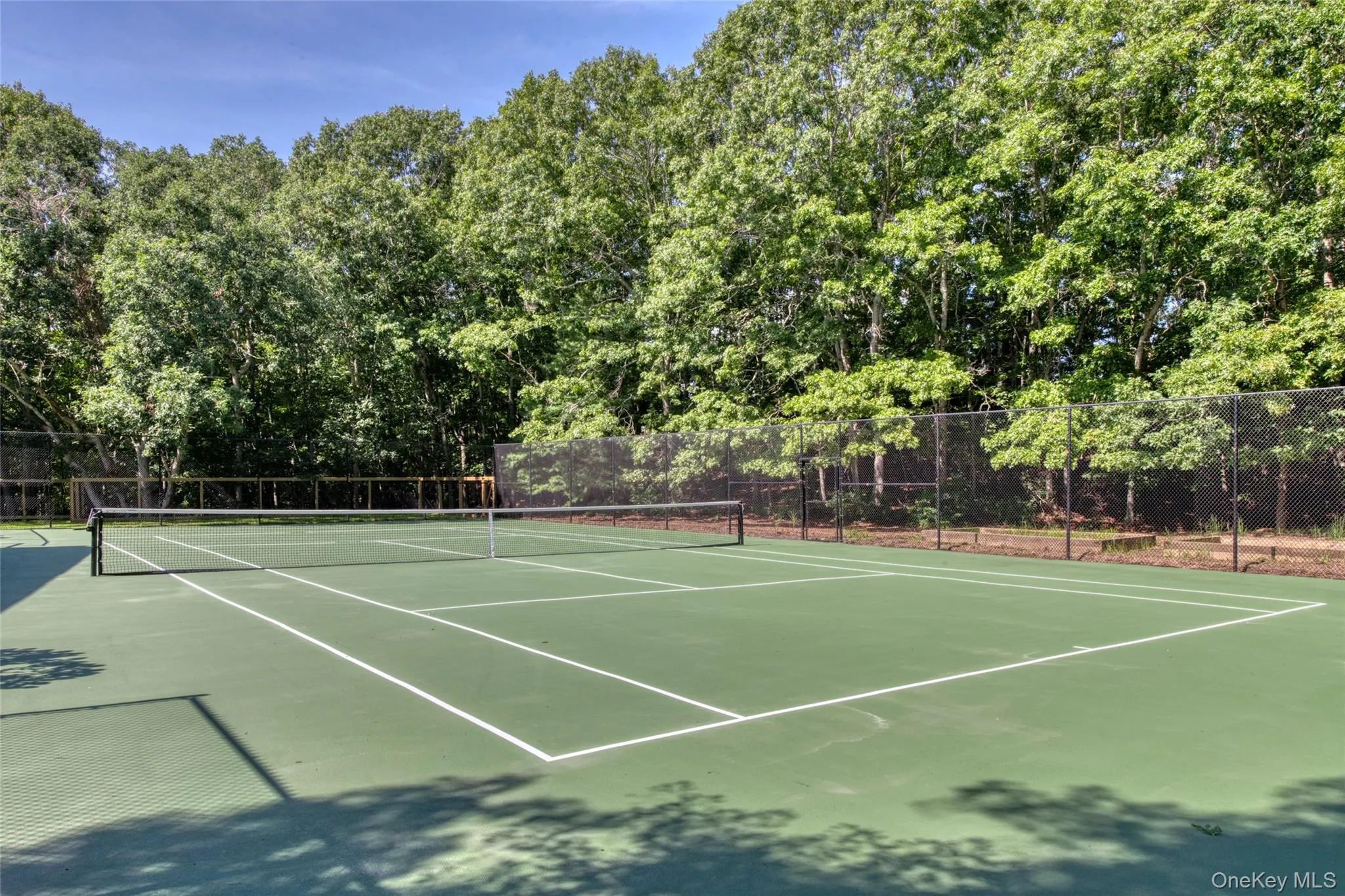 Private tennis court featuring a hard green surface and white court lines Private tennis court featuring a hard green surface and white court lines
