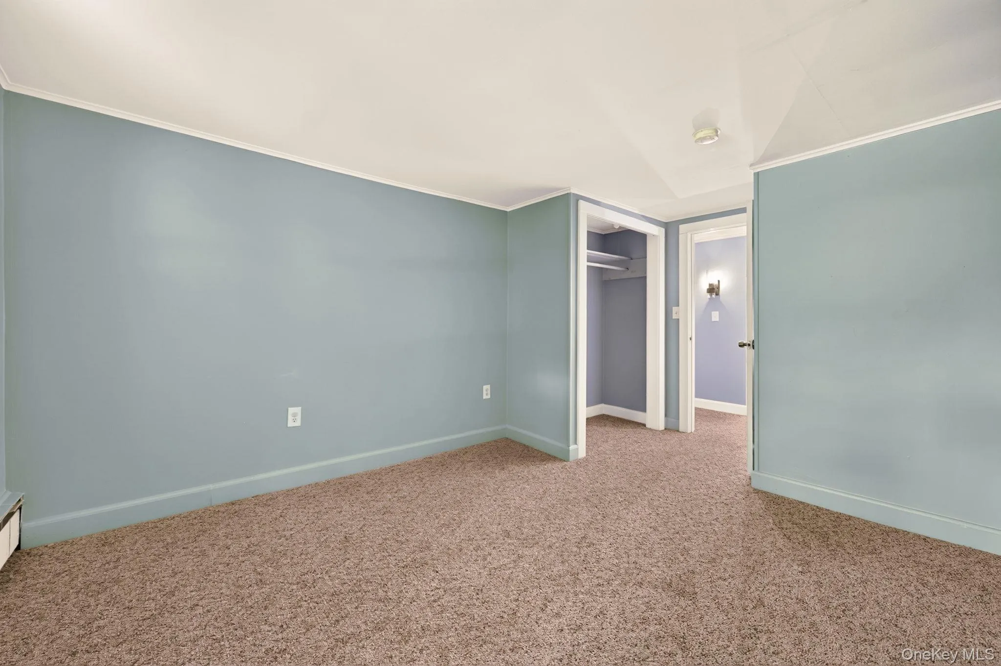 Spacious bedroom featuring soft blue-green walls, neutral carpet flooring, and dual closet access Spacious bedroom featuring soft blue-green walls, neutral carpet flooring, and dual closet access