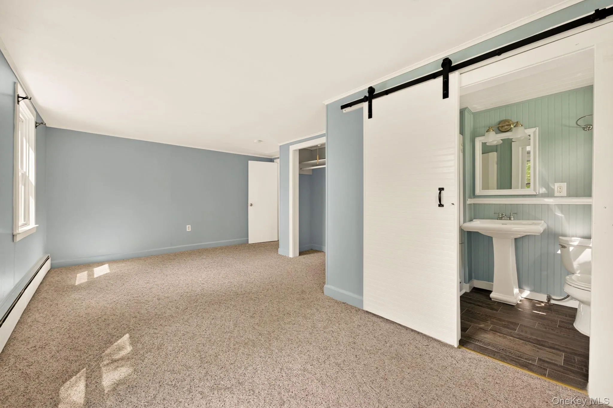 Expansive carpeted room with light blue walls Expansive carpeted room with light blue walls