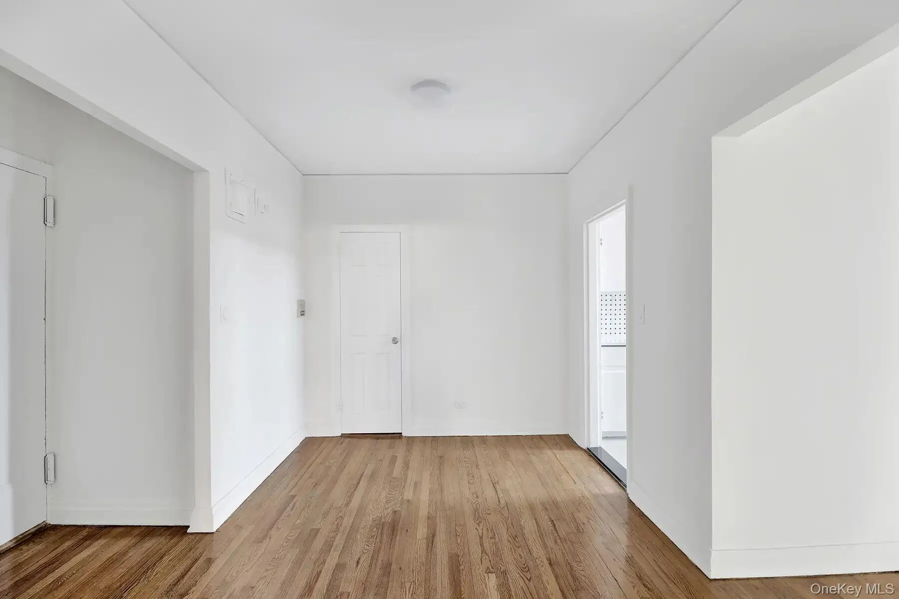 Hardwood-style flooring, white walls, flush mount ceiling light, white paneled doors, and white trim Hardwood-style flooring, white walls, flush mount ceiling light, white paneled doors, and white trim