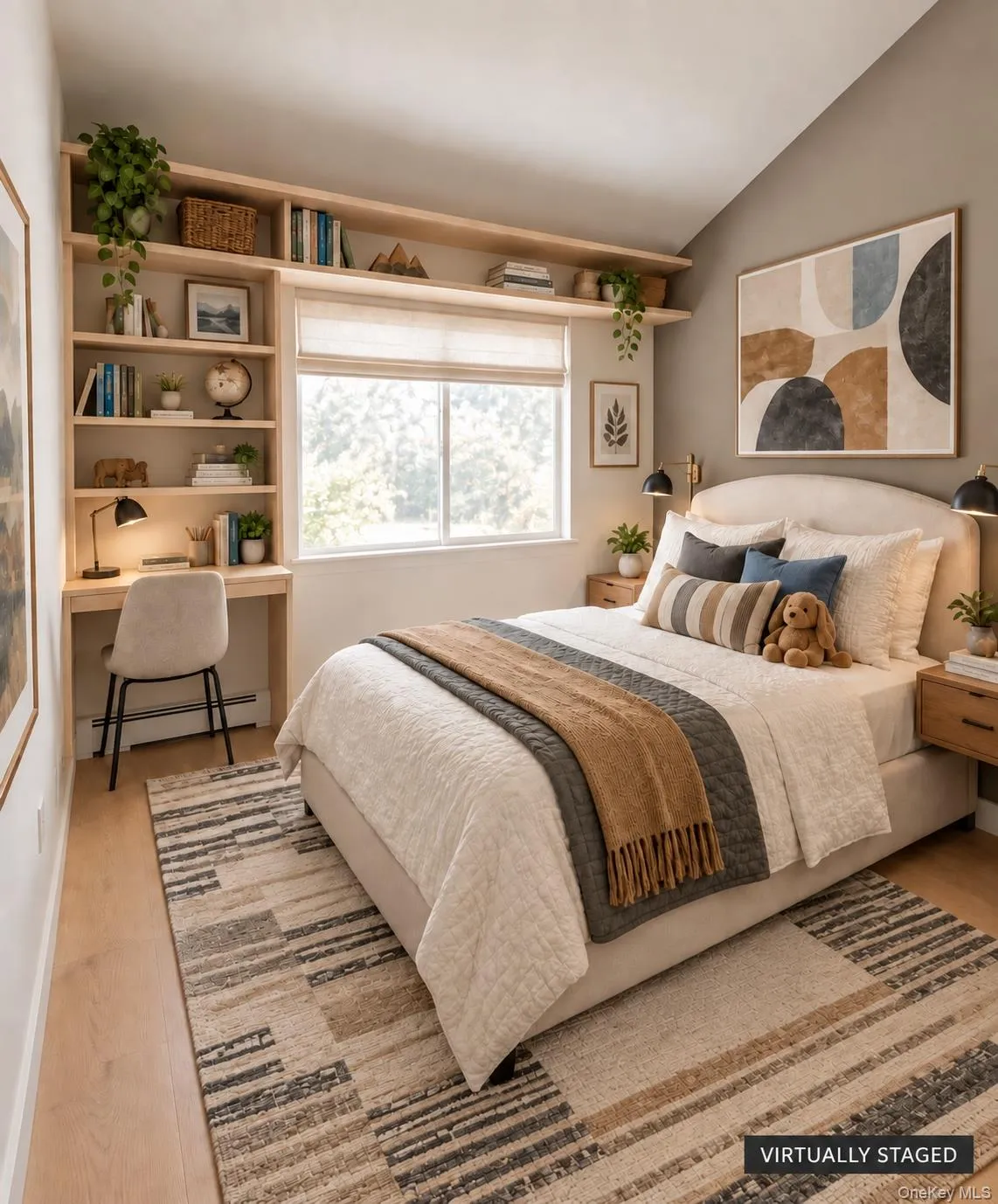 Bedroom on the second floor with a tan color palette Bedroom on the second floor with a tan color palette