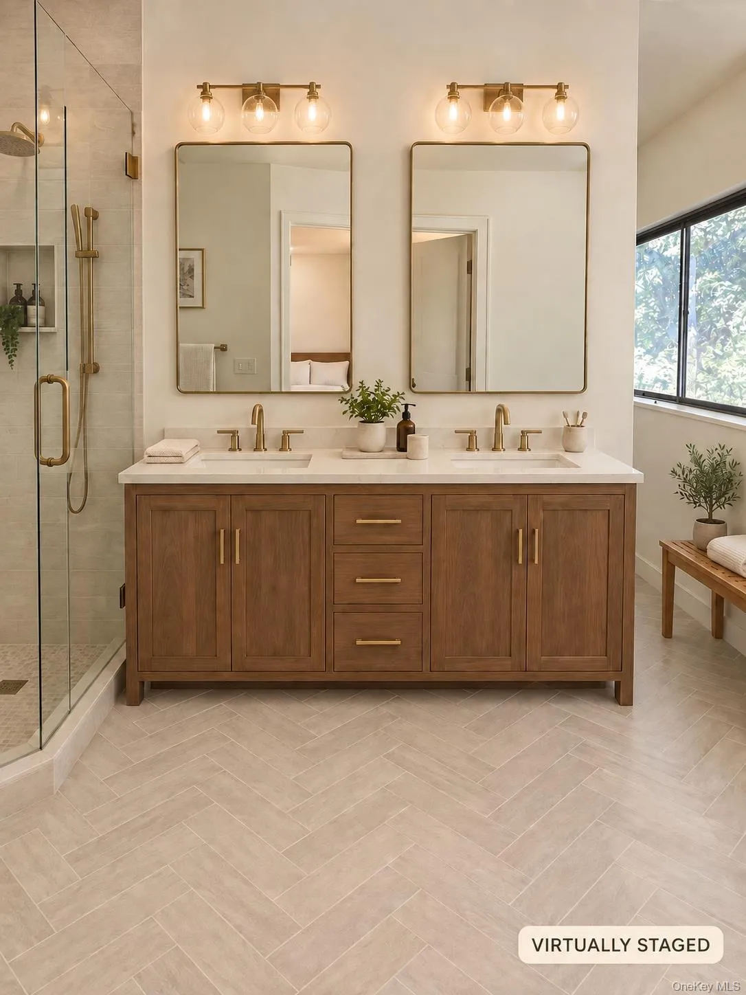 Dual vanity with a stone countertop and integrated sinks Dual vanity with a stone countertop and integrated sinks