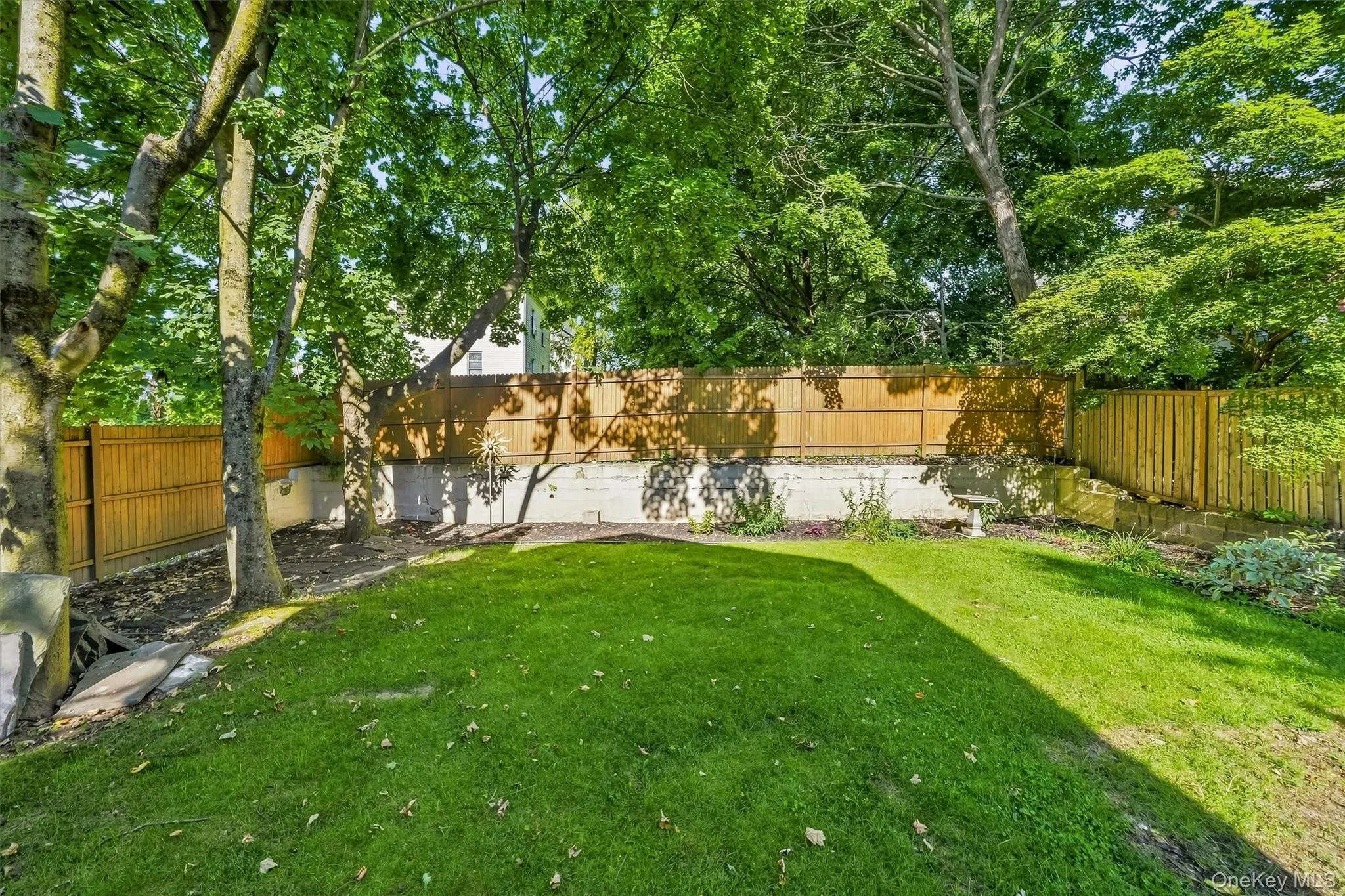 Green lawn surrounded by mature trees and wood fencing Green lawn surrounded by mature trees and wood fencing
