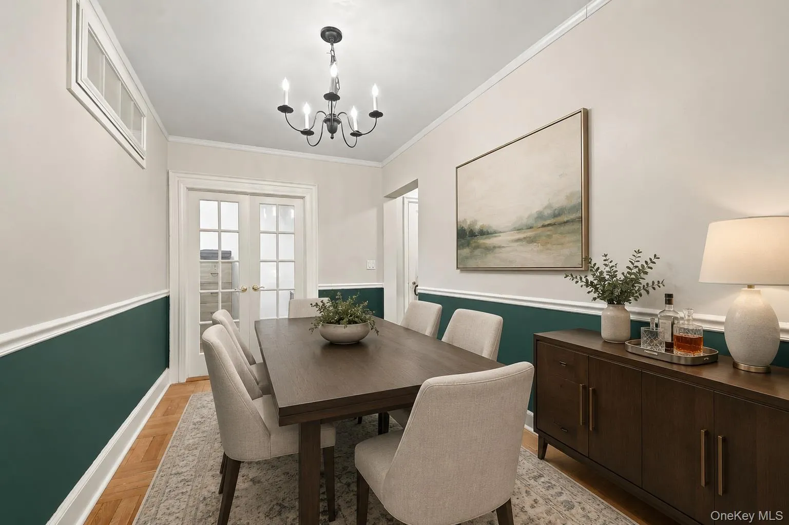 Virtually staged dining room. Virtually staged dining room.