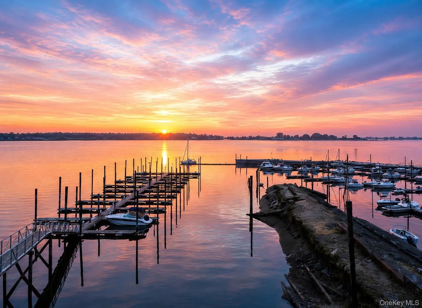 Waterfront setting featuring a marina with multiple boat slips and a lengthy dock structure Waterfront setting featuring a marina with multiple boat slips and a lengthy dock structure