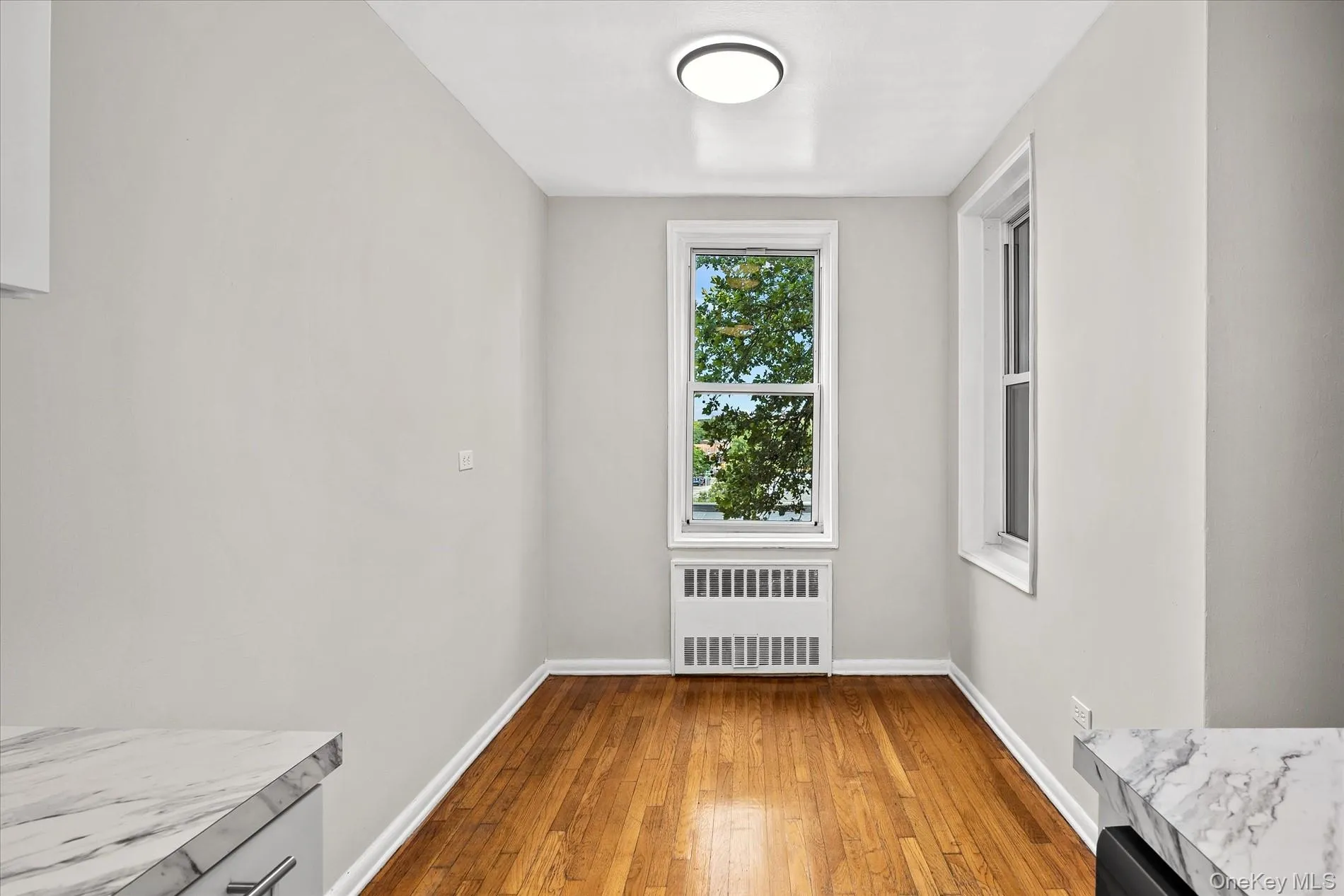 Hardwood flooring, two windows, ceiling-mounted light fixture, and marble-finish countertops Hardwood flooring, two windows, ceiling-mounted light fixture, and marble-finish countertops