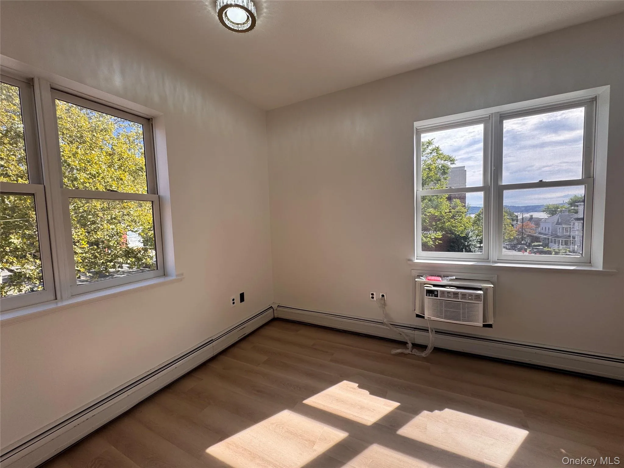 Wood-finish flooring, white painted walls, two double-hung windows, and a ceiling-mounted light fixture Wood-finish flooring, white painted walls, two double-hung windows, and a ceiling-mounted light fixture