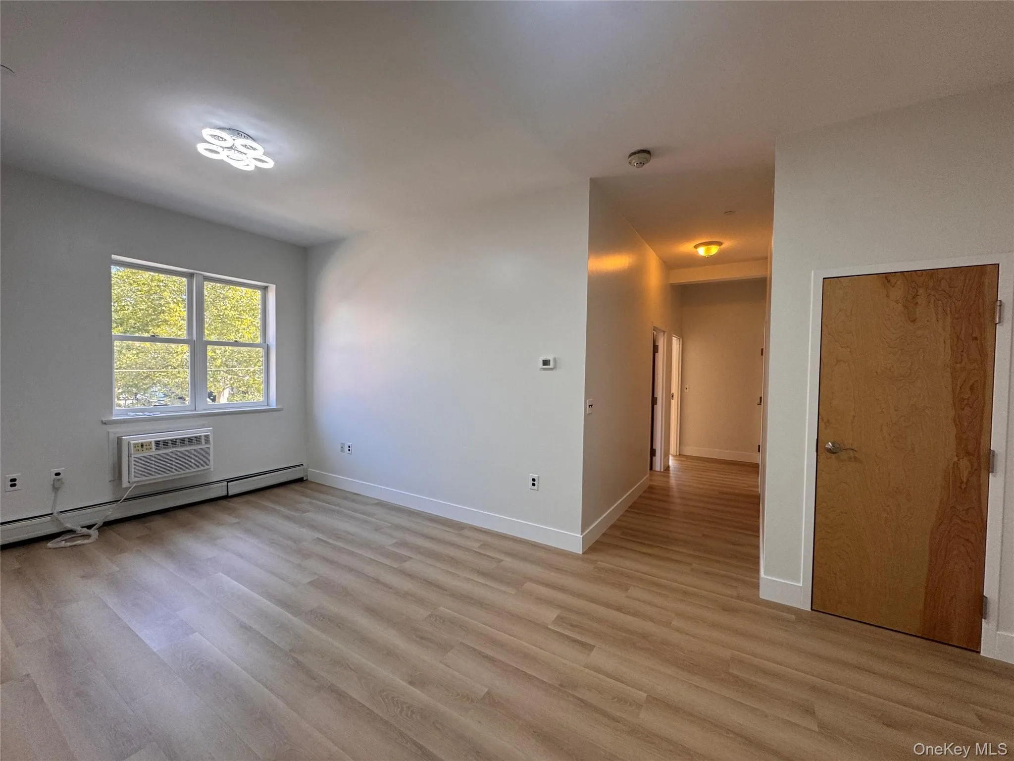 Hardwood-finish flooring, white walls, and a contemporary ceiling light fixture Hardwood-finish flooring, white walls, and a contemporary ceiling light fixture