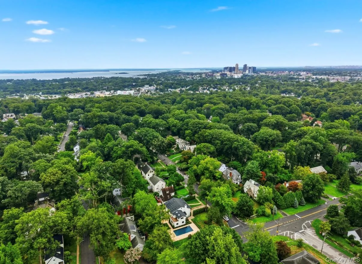 Showcasing the home's beautiful residential setting, surrounded by mature greenery with scenic views stretching toward downtown New Rochelle. Showcasing the home's beautiful residential setting, surrounded by mature greenery with scenic views stretching toward downtown New Rochelle.
