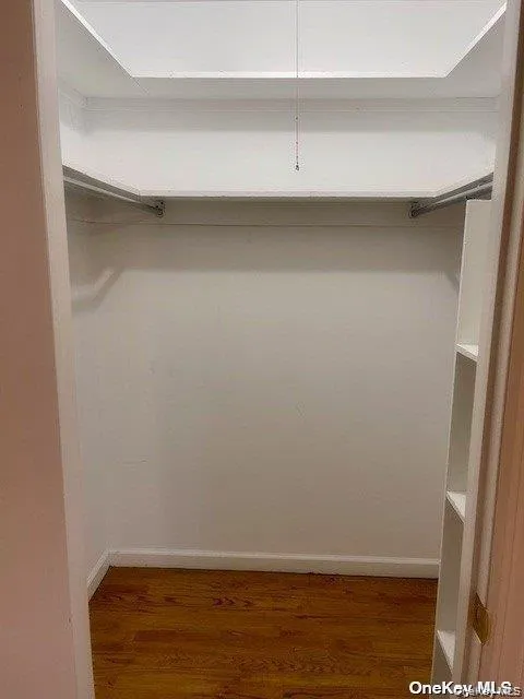 Walk in Closet with Recessed ceiling, wood-finish flooring, white walls, built-in shelving, and a clothing rod Walk in Closet with Recessed ceiling, wood-finish flooring, white walls, built-in shelving, and a clothing rod