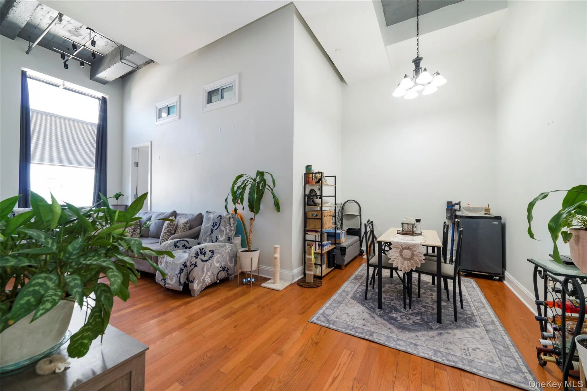 Spacious living & dining room featuring high ceilings & hardwood floors Spacious living & dining room featuring high ceilings & hardwood floors