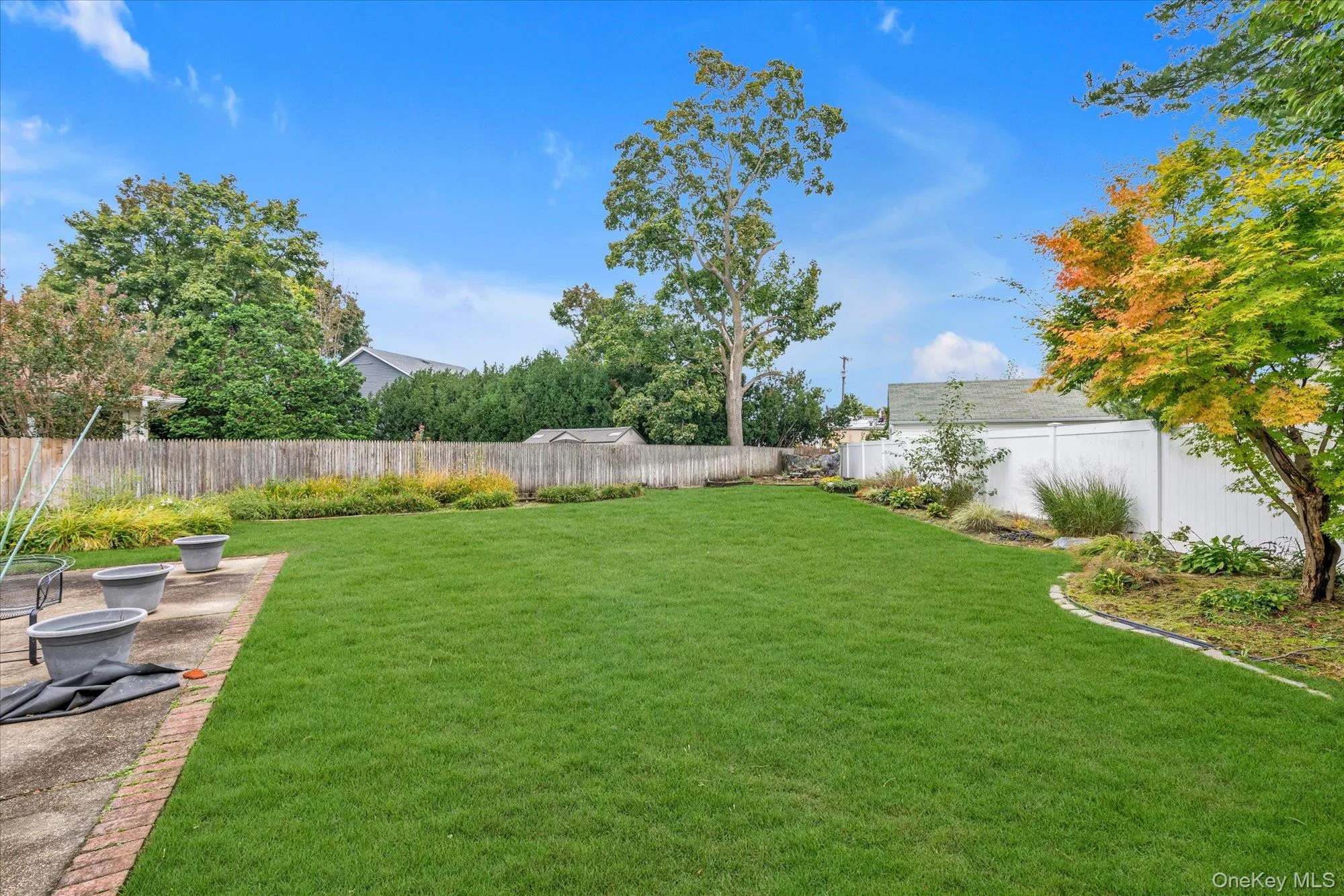 Expansive lawn area with a mix of wood and vinyl fencing, mature trees, and a concrete patio with brick edging Expansive lawn area with a mix of wood and vinyl fencing, mature trees, and a concrete patio with brick edging
