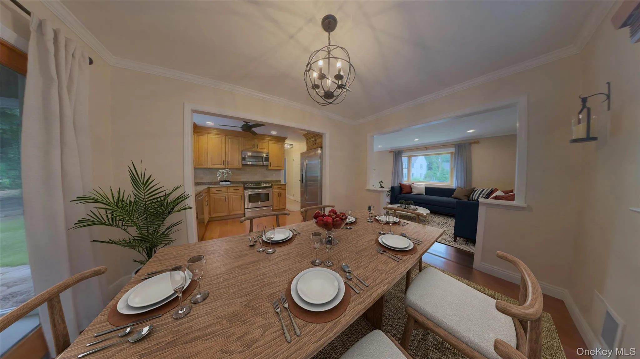 Dining area overlooking the living space and kitchen. Dining area overlooking the living space and kitchen.
