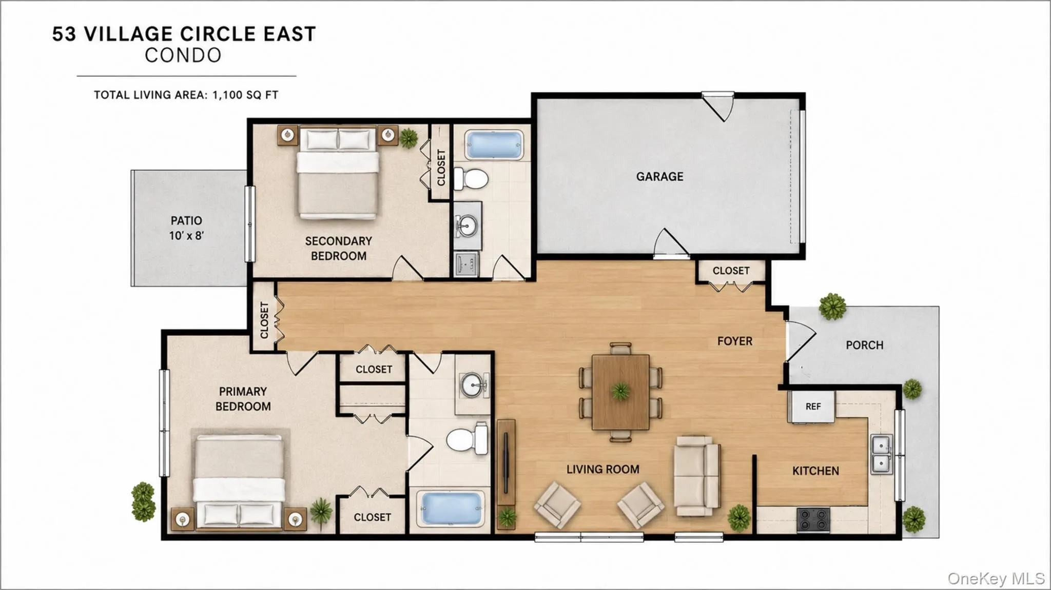 Thoughtfully designed single-level floor plan featuring two bedrooms, two full baths, an open living and dining area, kitchen, patio, and attached garage Thoughtfully designed single-level floor plan featuring two bedrooms, two full baths, an open living and dining area, kitchen, patio, and attached garage