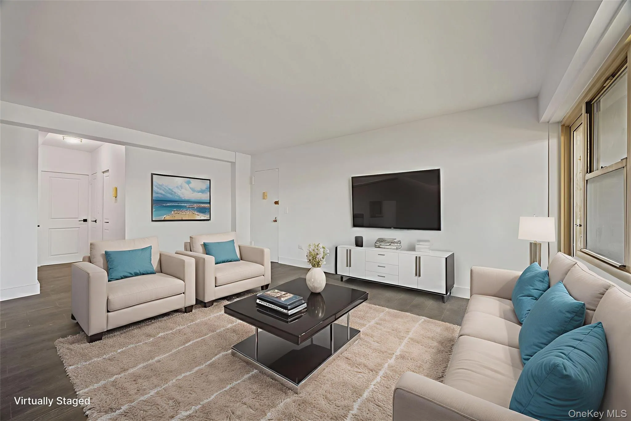 Vinyl flooring throughout, bright white walls, and a window with a built-in air conditioning unit Vinyl flooring throughout, bright white walls, and a window with a built-in air conditioning unit