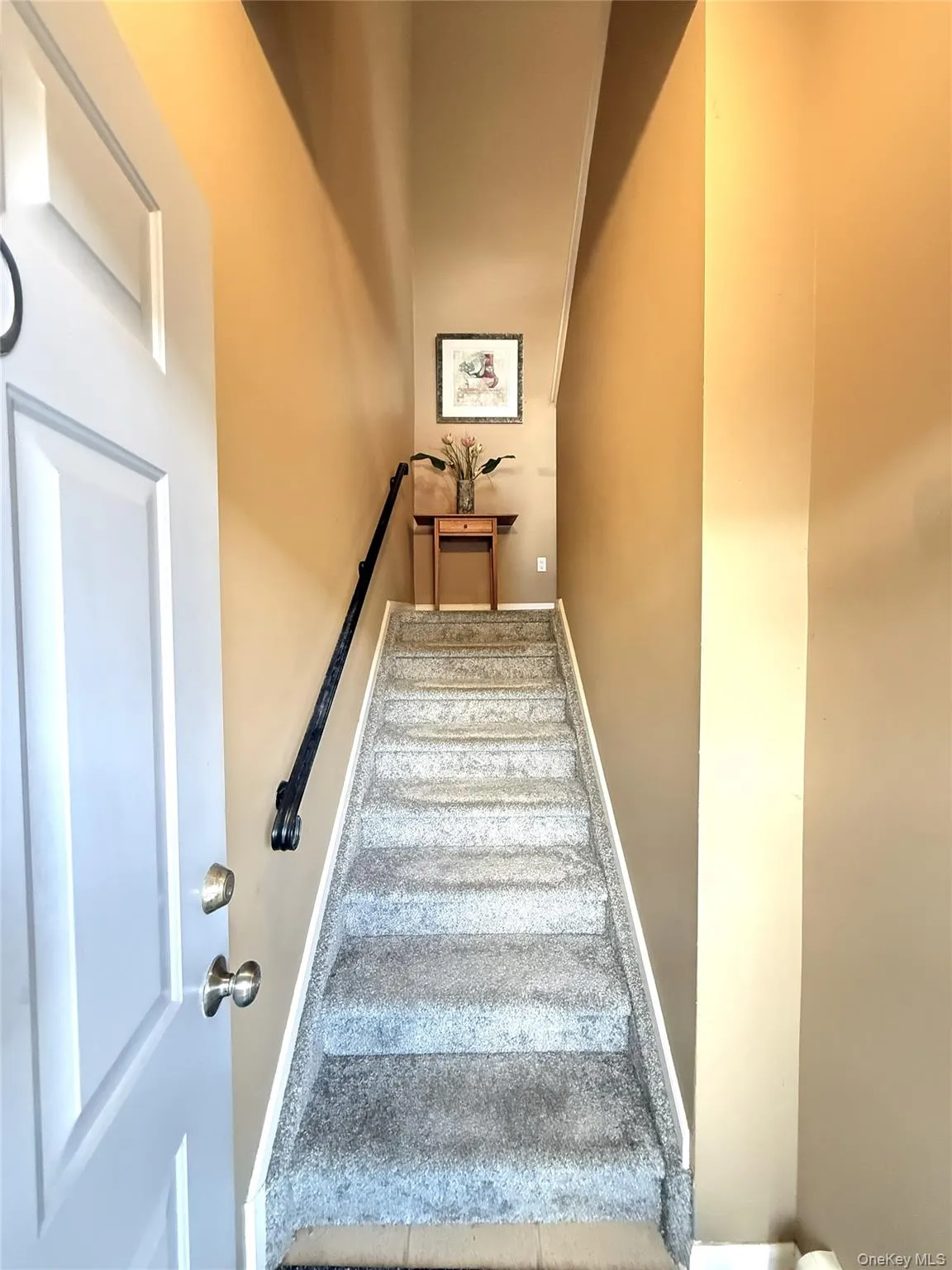 Entryway featuring a white paneled door with brass hardware and a carpeted staircase with a black handrail Entryway featuring a white paneled door with brass hardware and a carpeted staircase with a black handrail
