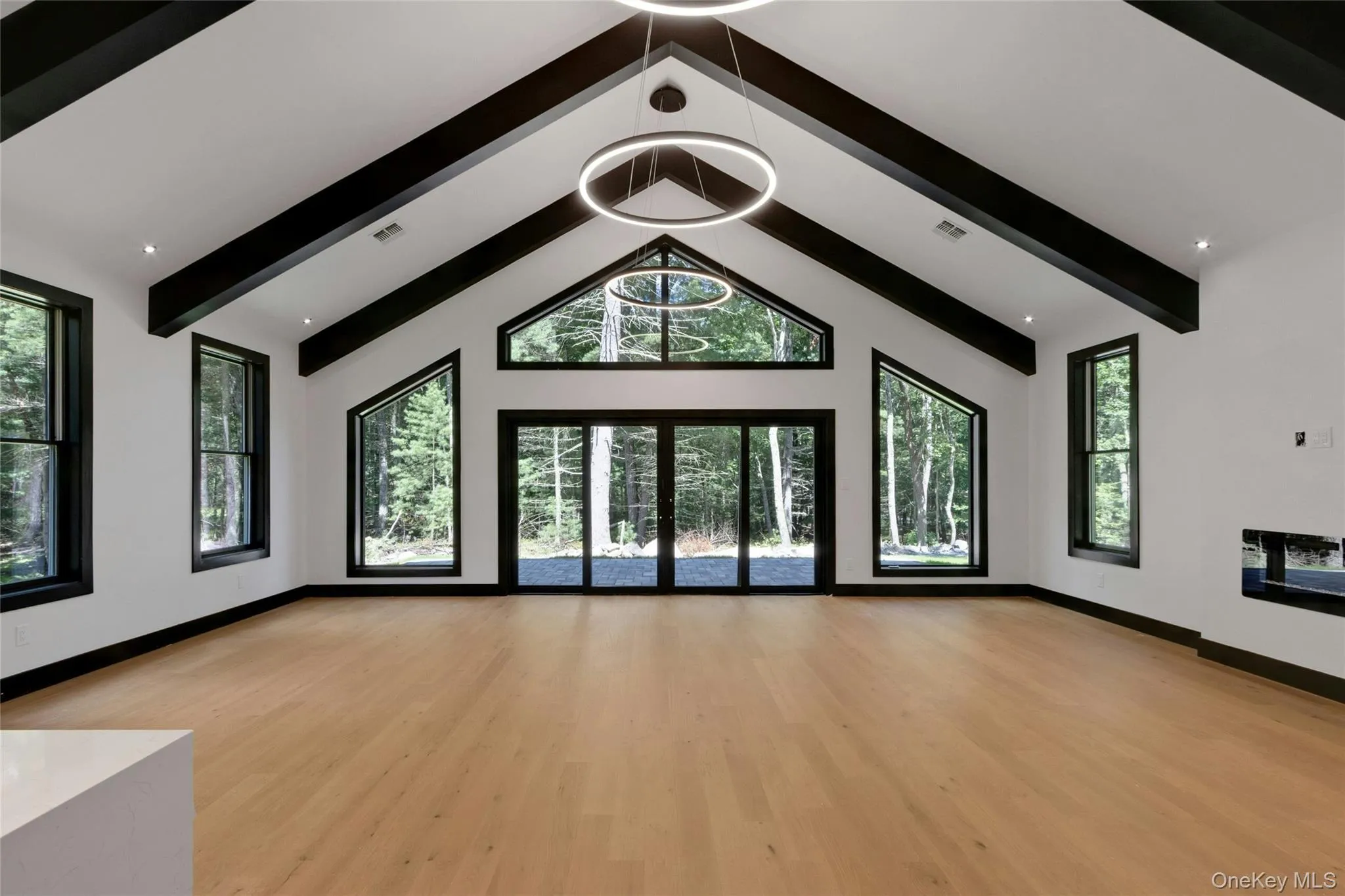 Vaulted ceiling with exposed black beams, light wood-finish flooring, recessed lighting, and large windows with black frames Vaulted ceiling with exposed black beams, light wood-finish flooring, recessed lighting, and large windows with black frames