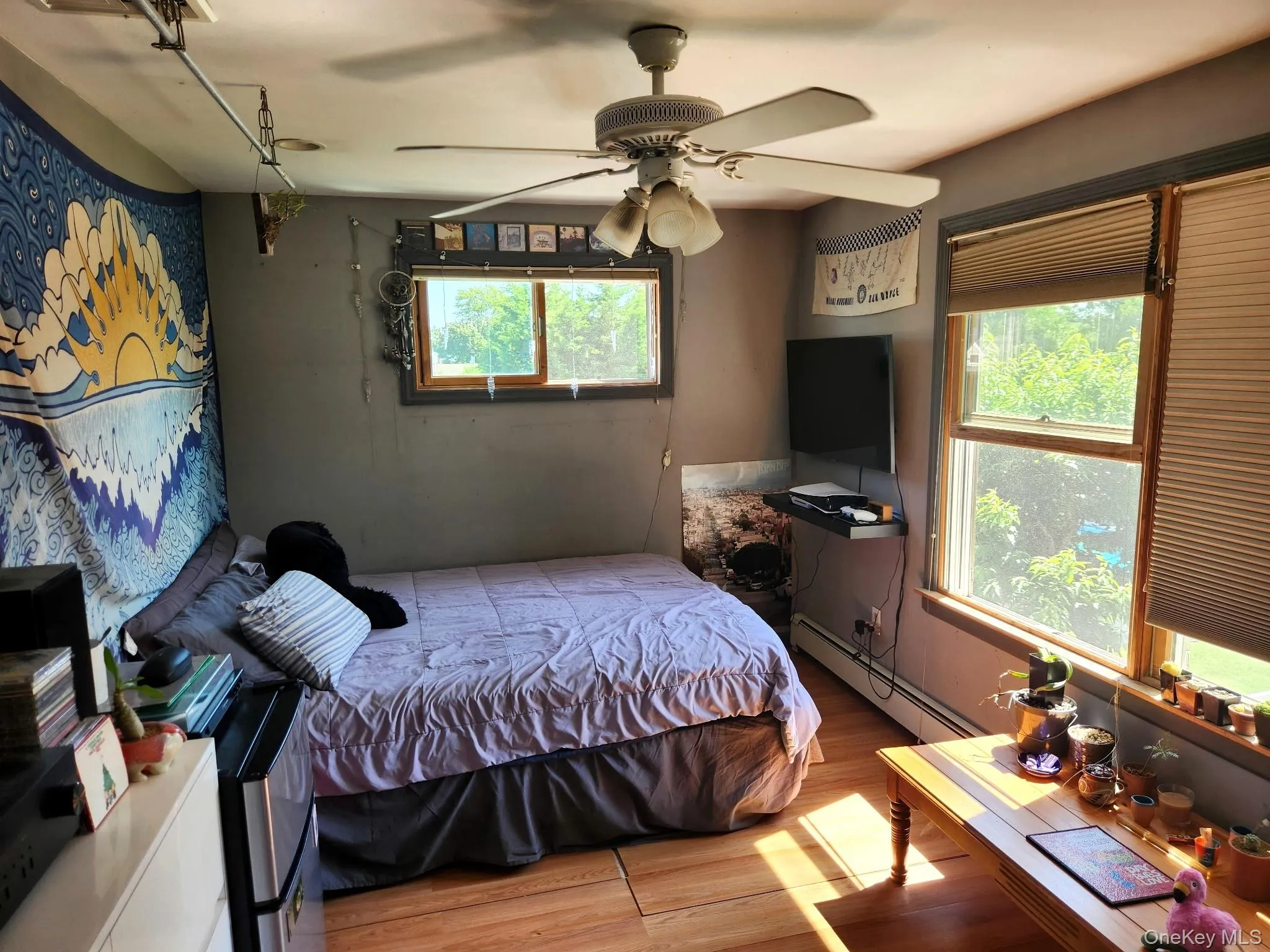 Wood-finish flooring, ceiling fan with integrated lighting, multiple windows with blinds, and a wall-mounted shelving unit Wood-finish flooring, ceiling fan with integrated lighting, multiple windows with blinds, and a wall-mounted shelving unit