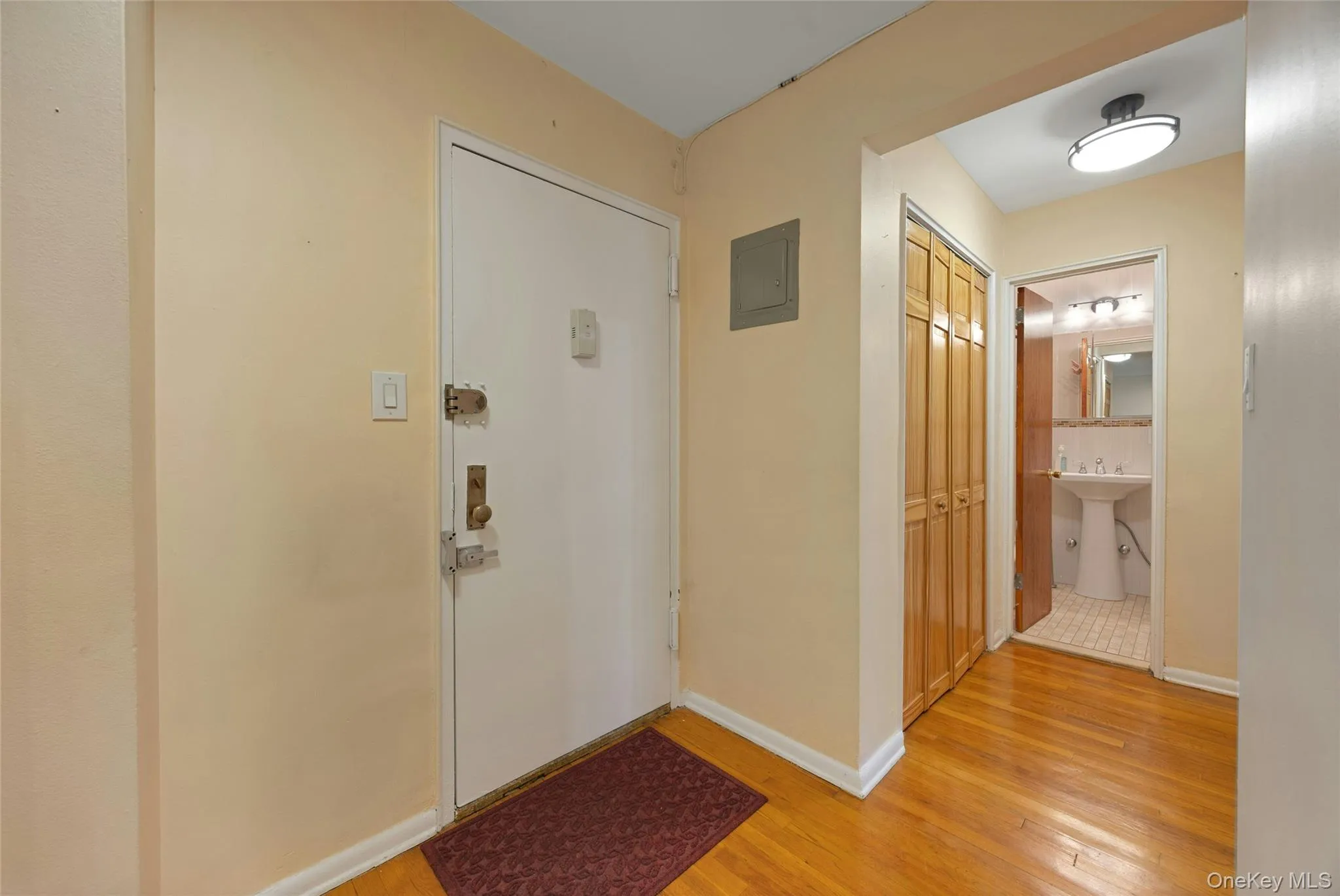 Entry foyer featuring wood-finish flooring, a flush-mount ceiling light, and a built-in closet with bi-fold doors Entry foyer featuring wood-finish flooring, a flush-mount ceiling light, and a built-in closet with bi-fold doors