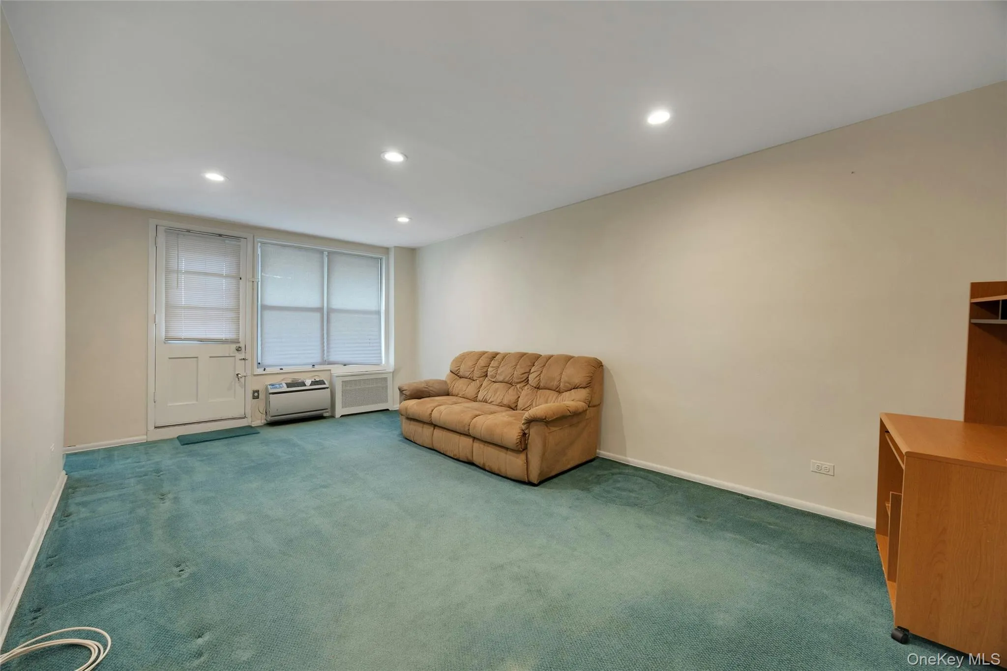 Living area featuring a teal carpet, recessed lighting, and light-toned wall paint Living area featuring a teal carpet, recessed lighting, and light-toned wall paint