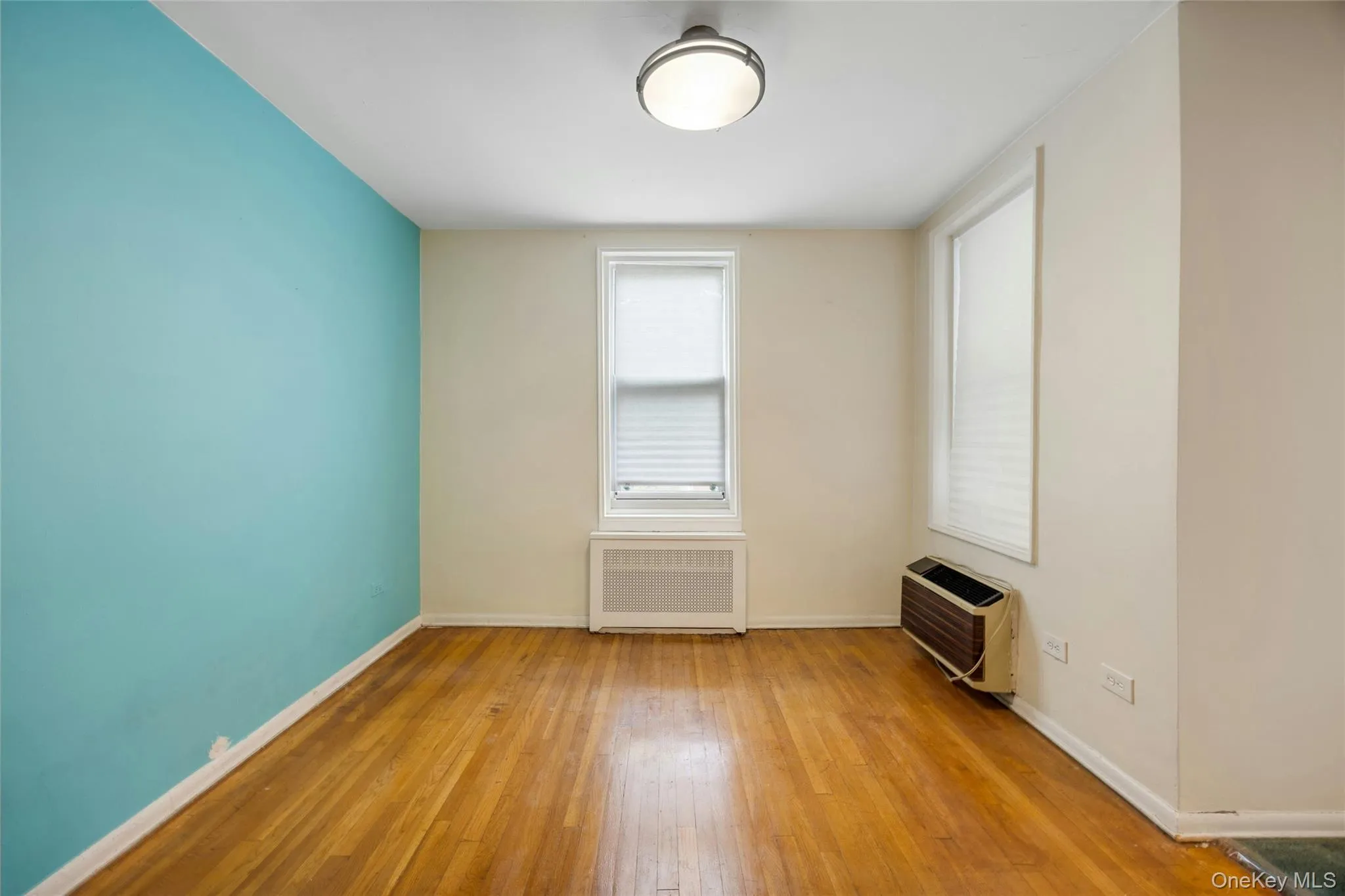 Room featuring wood-finish flooring, a ceiling-mounted light fixture, and two windows with blinds Room featuring wood-finish flooring, a ceiling-mounted light fixture, and two windows with blinds