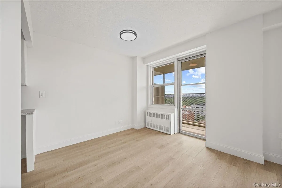 Vinyl flooring, sliding glass door with balcony access, flush-mount ceiling light fixture, and white painted walls Vinyl flooring, sliding glass door with balcony access, flush-mount ceiling light fixture, and white painted walls
