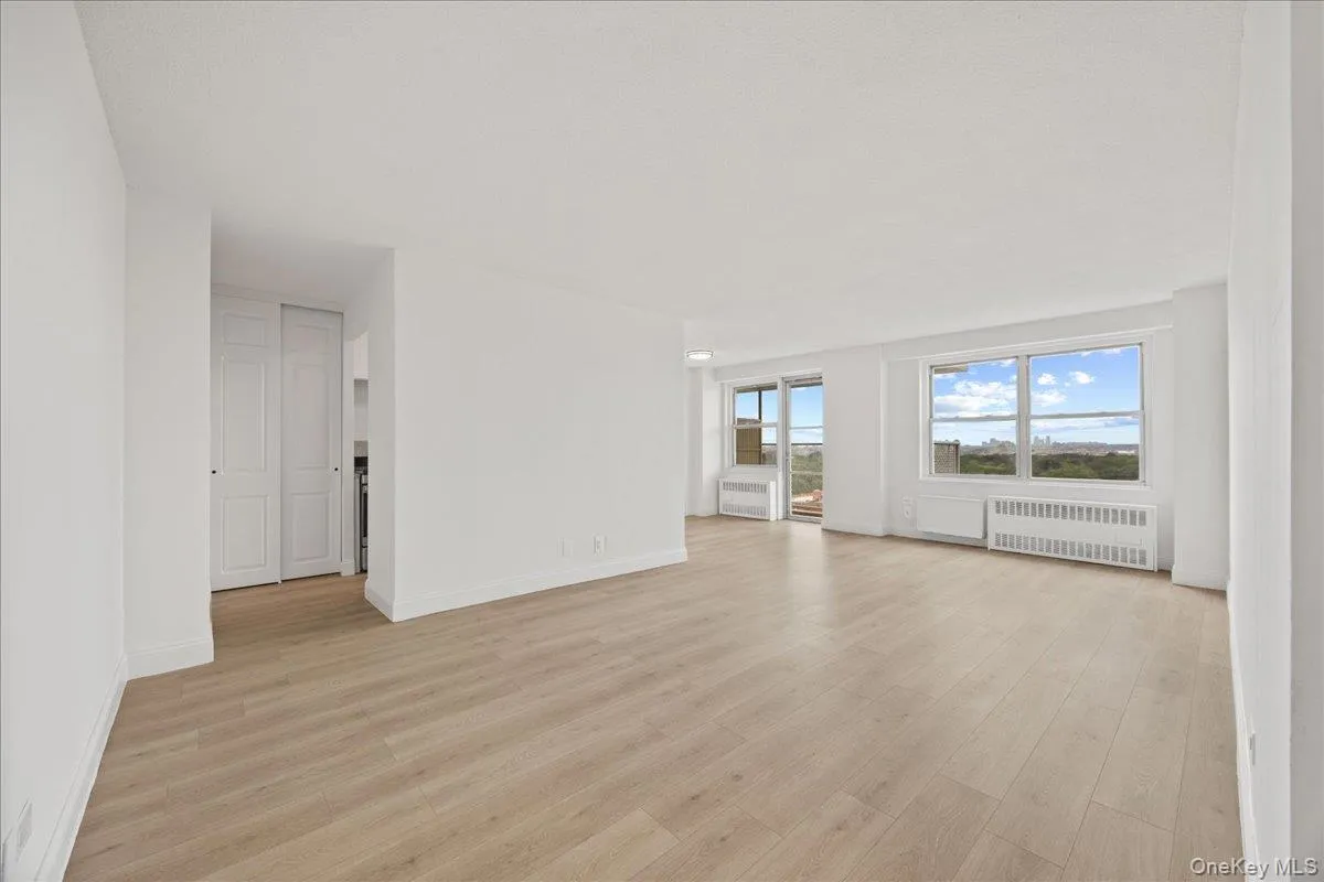 Expansive living area with vinyl flooring, white walls, and bright natural light from multiple windows Expansive living area with vinyl flooring, white walls, and bright natural light from multiple windows