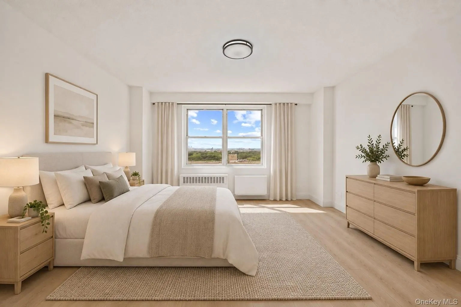 Wide window with a distant landscape, vinyl flooring, and a flush-mount ceiling light Wide window with a distant landscape, vinyl flooring, and a flush-mount ceiling light