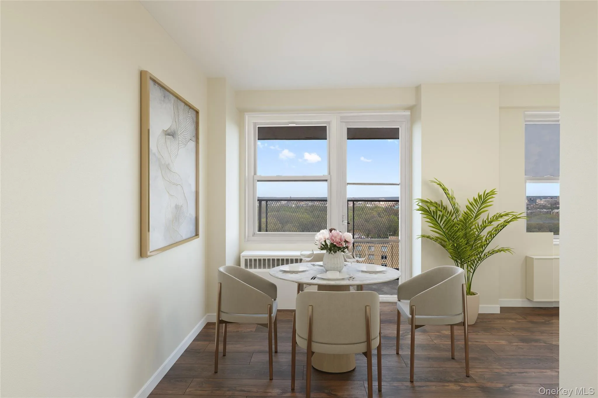 Vinyl flooring, light-toned walls, and a large window with a distant landscape Vinyl flooring, light-toned walls, and a large window with a distant landscape