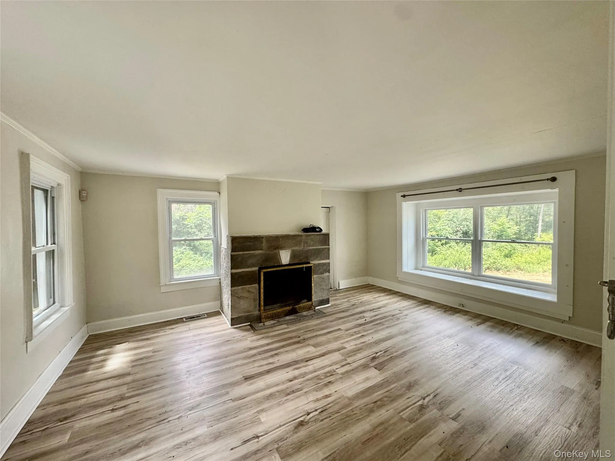 Unfurnished living room with plenty of natural light, a fireplace, wood finished floors, and ornamental molding Unfurnished living room with plenty of natural light, a fireplace, wood finished floors, and ornamental molding