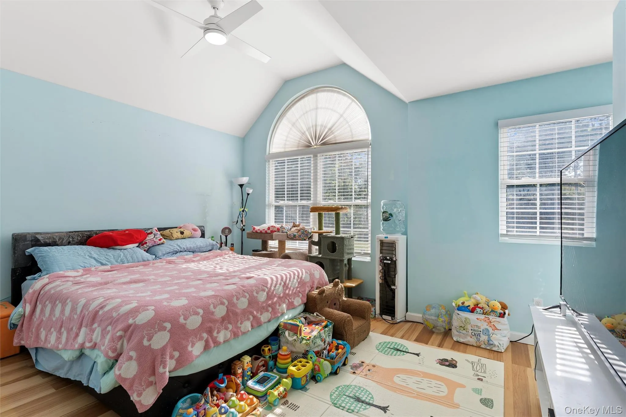 Vaulted ceiling with a ceiling fan, arched window with white blinds, additional window with white blinds, and wood-finish flooring Vaulted ceiling with a ceiling fan, arched window with white blinds, additional window with white blinds, and wood-finish flooring