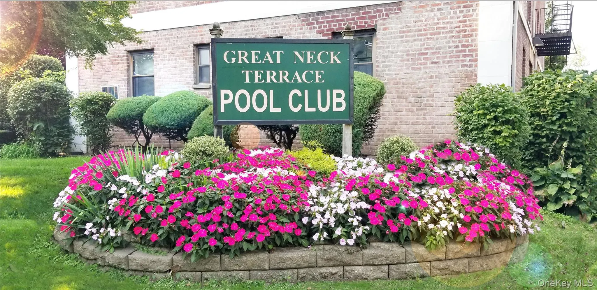 Landscaped garden bed with vibrant pink and white impatiens and green shrubbery Landscaped garden bed with vibrant pink and white impatiens and green shrubbery
