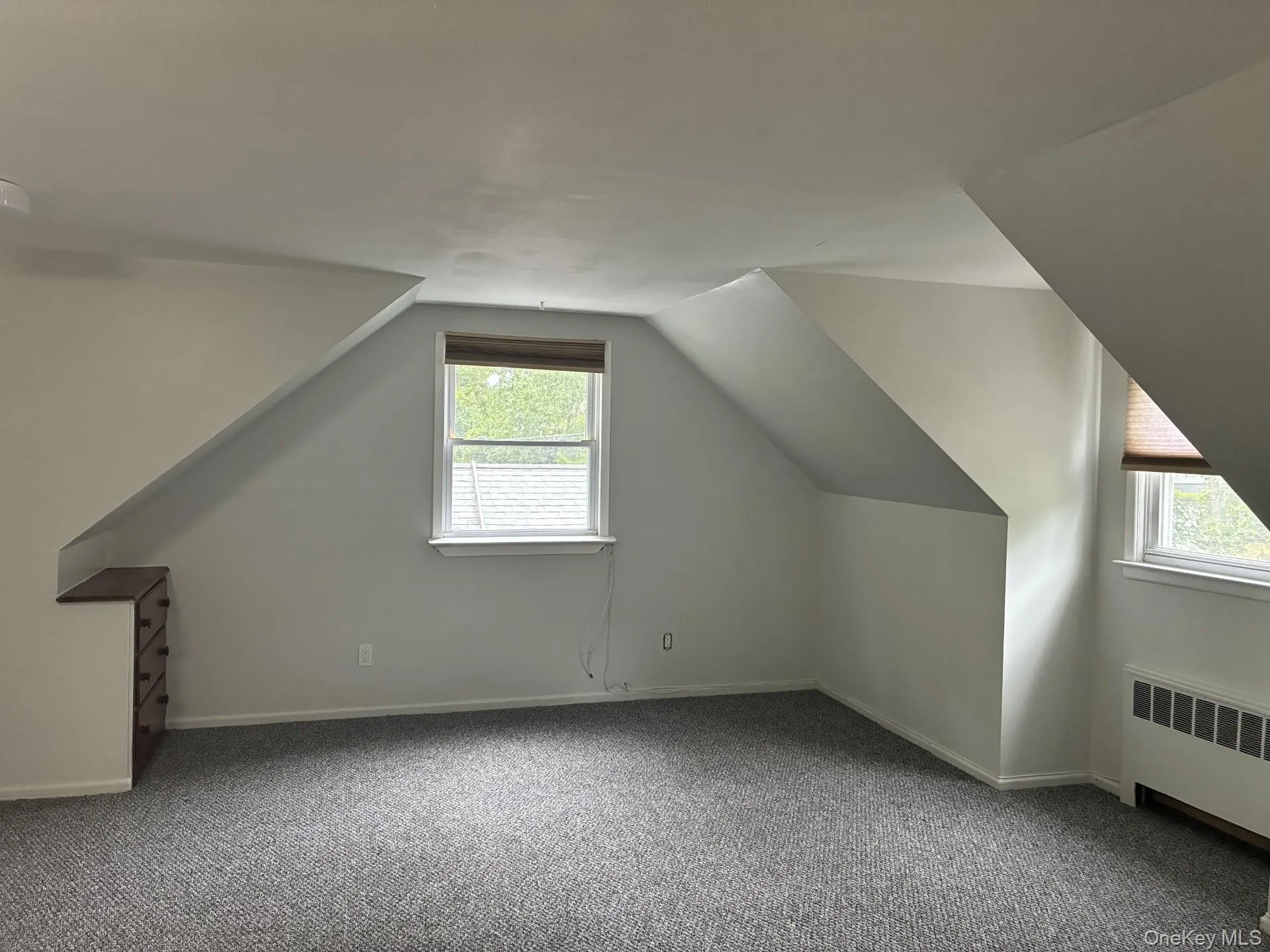 Carpeted room featuring a built-in chest of drawers, multiple windows, and a permanent heating unit Carpeted room featuring a built-in chest of drawers, multiple windows, and a permanent heating unit