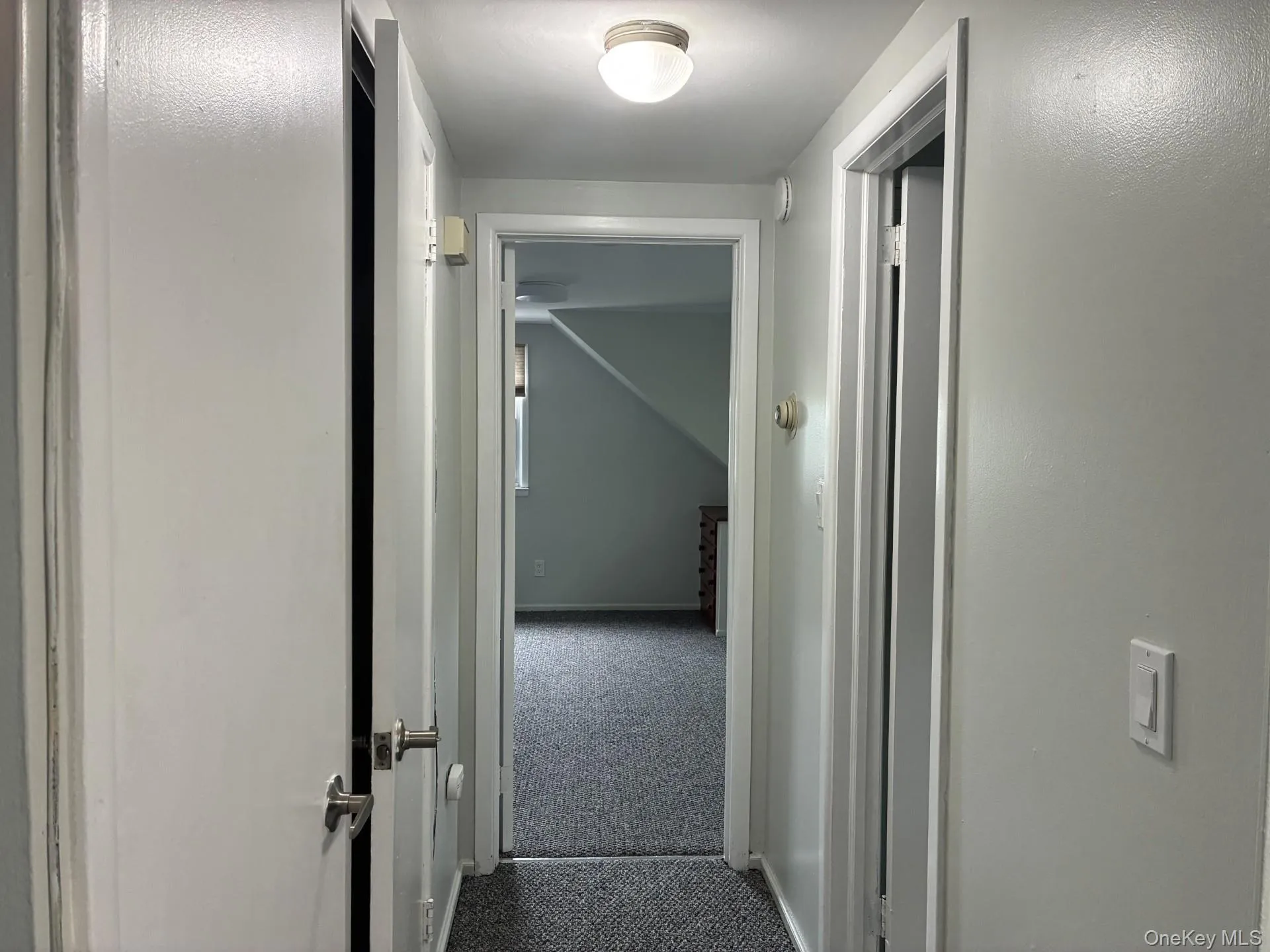 Hallway with a flush mount ceiling light, white door frames, and thermostat Hallway with a flush mount ceiling light, white door frames, and thermostat