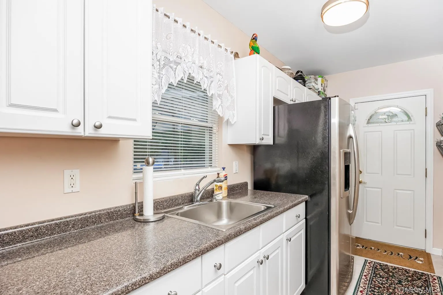 White cabinetry, a stainless steel sink, a countertop with a speckled finish, and a white paneled door with an arched glass insert White cabinetry, a stainless steel sink, a countertop with a speckled finish, and a white paneled door with an arched glass insert