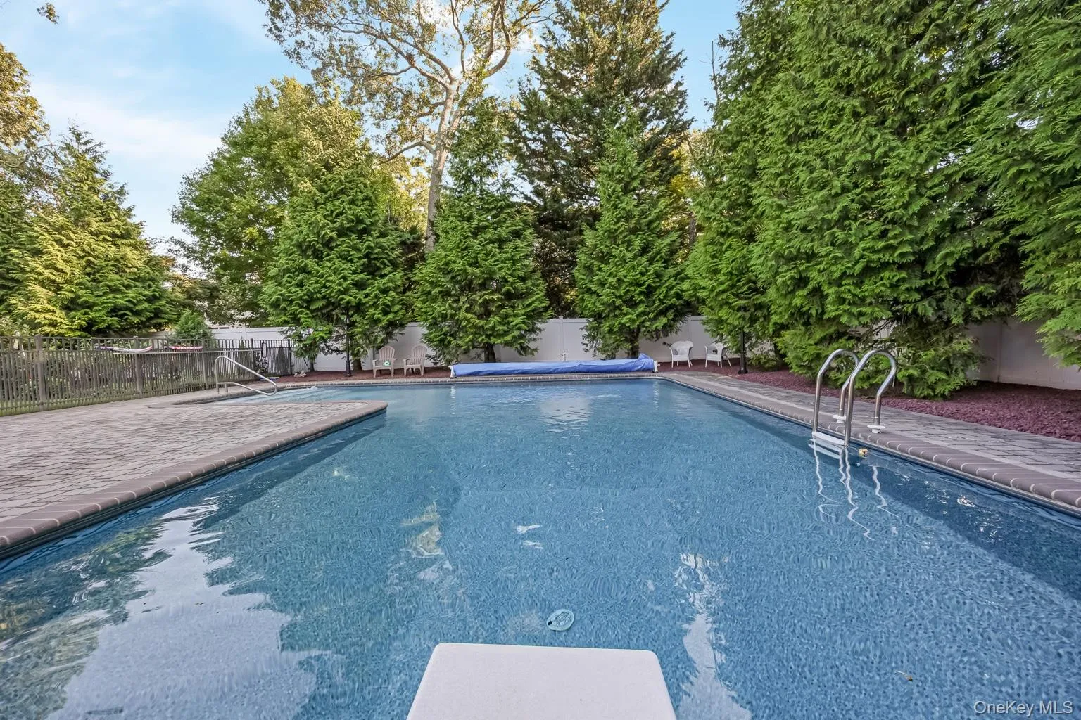 In-ground swimming pool featuring a diving board, surrounding paver patio, and integrated steps In-ground swimming pool featuring a diving board, surrounding paver patio, and integrated steps