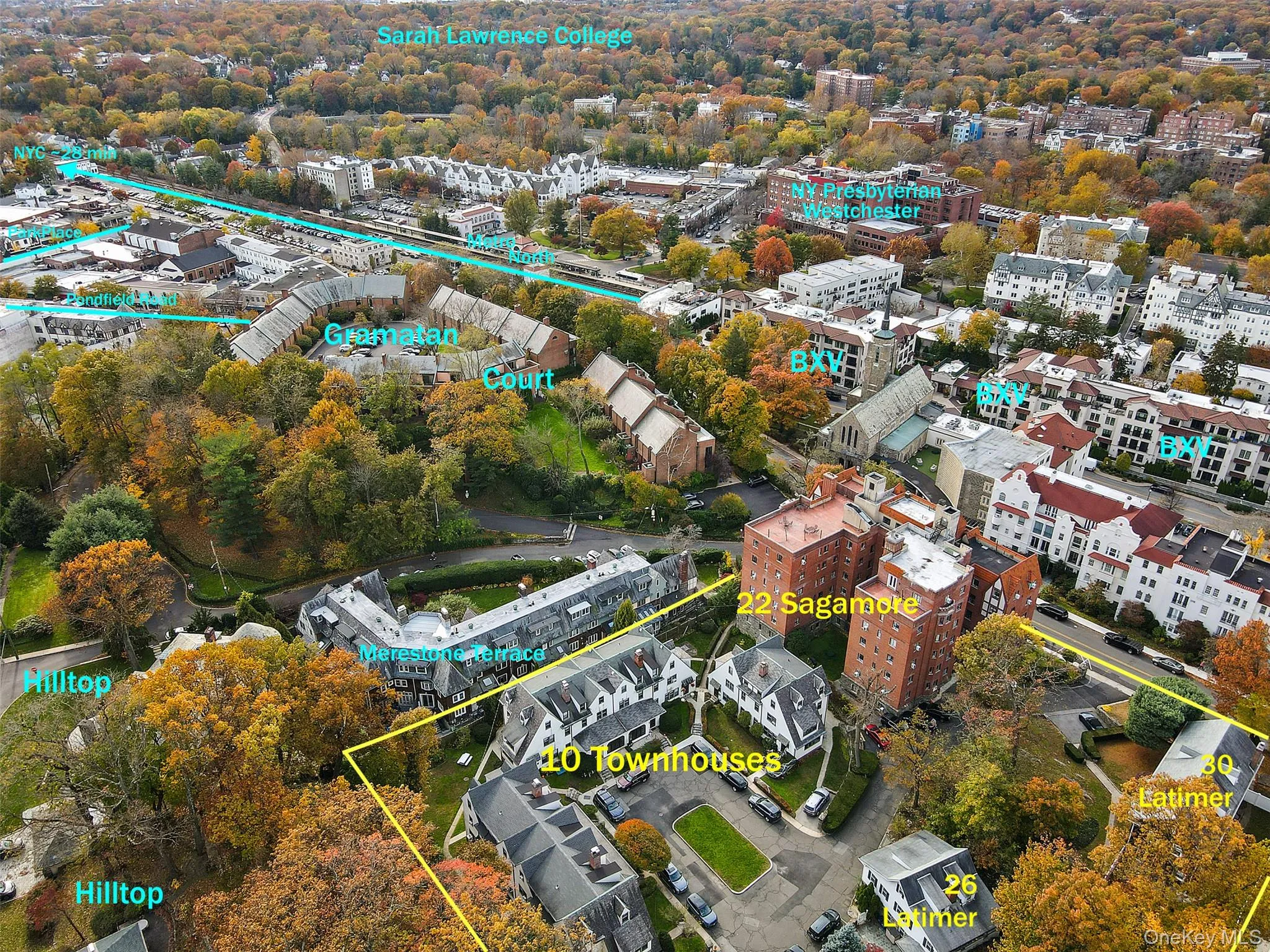 Aerial view showing proximity to train platform and Pondfield Road and Park Place shops. Aerial view showing proximity to train platform and Pondfield Road and Park Place shops.