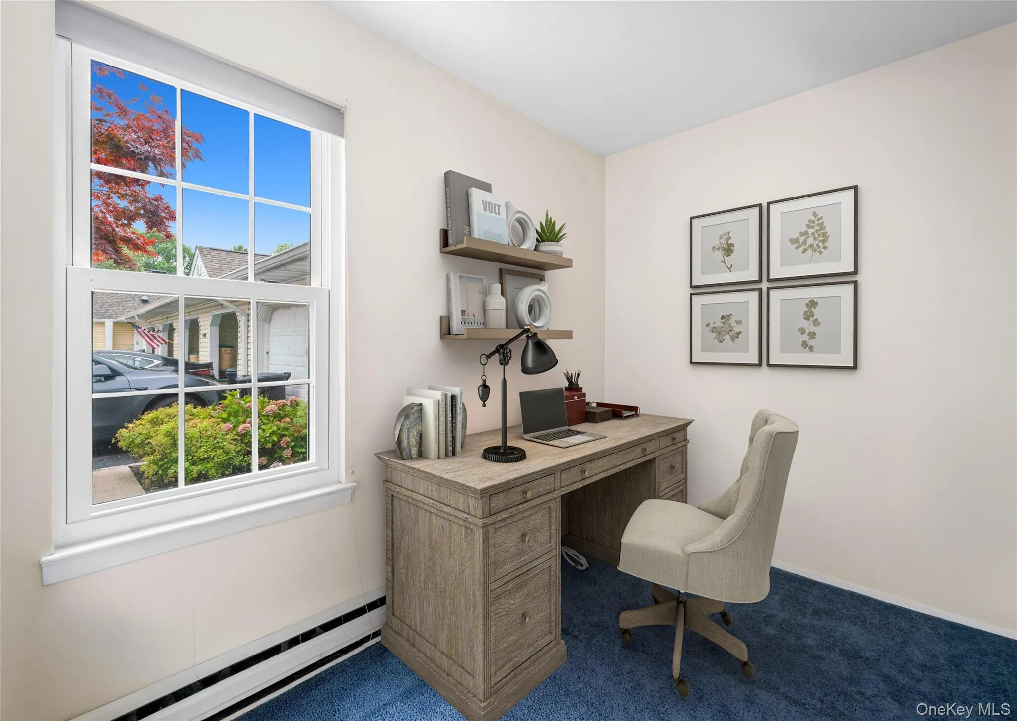 Virtually staged second bedroom with carpet. Virtually staged second bedroom with carpet.