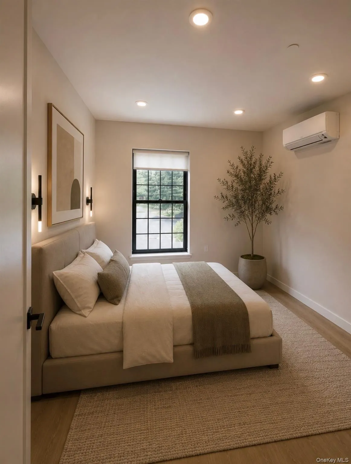 Recessed ceiling lighting, black-framed grid window, wall-mounted mini-split system, wood-finish flooring, and black wall sconces Recessed ceiling lighting, black-framed grid window, wall-mounted mini-split system, wood-finish flooring, and black wall sconces