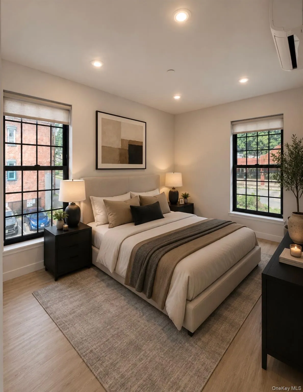Recessed lighting, wood-finish flooring, black-framed windows, built-in air conditioning unit, and neutral wall tones Recessed lighting, wood-finish flooring, black-framed windows, built-in air conditioning unit, and neutral wall tones