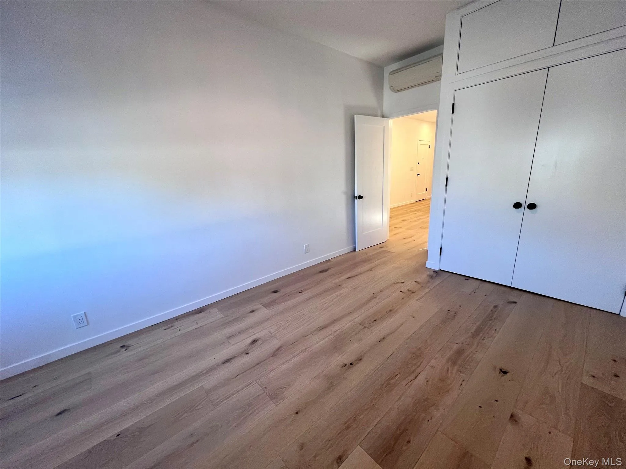 Wide plank wood-finish flooring, white walls, built-in storage cabinetry, black door hardware, and white trim throughout Wide plank wood-finish flooring, white walls, built-in storage cabinetry, black door hardware, and white trim throughout