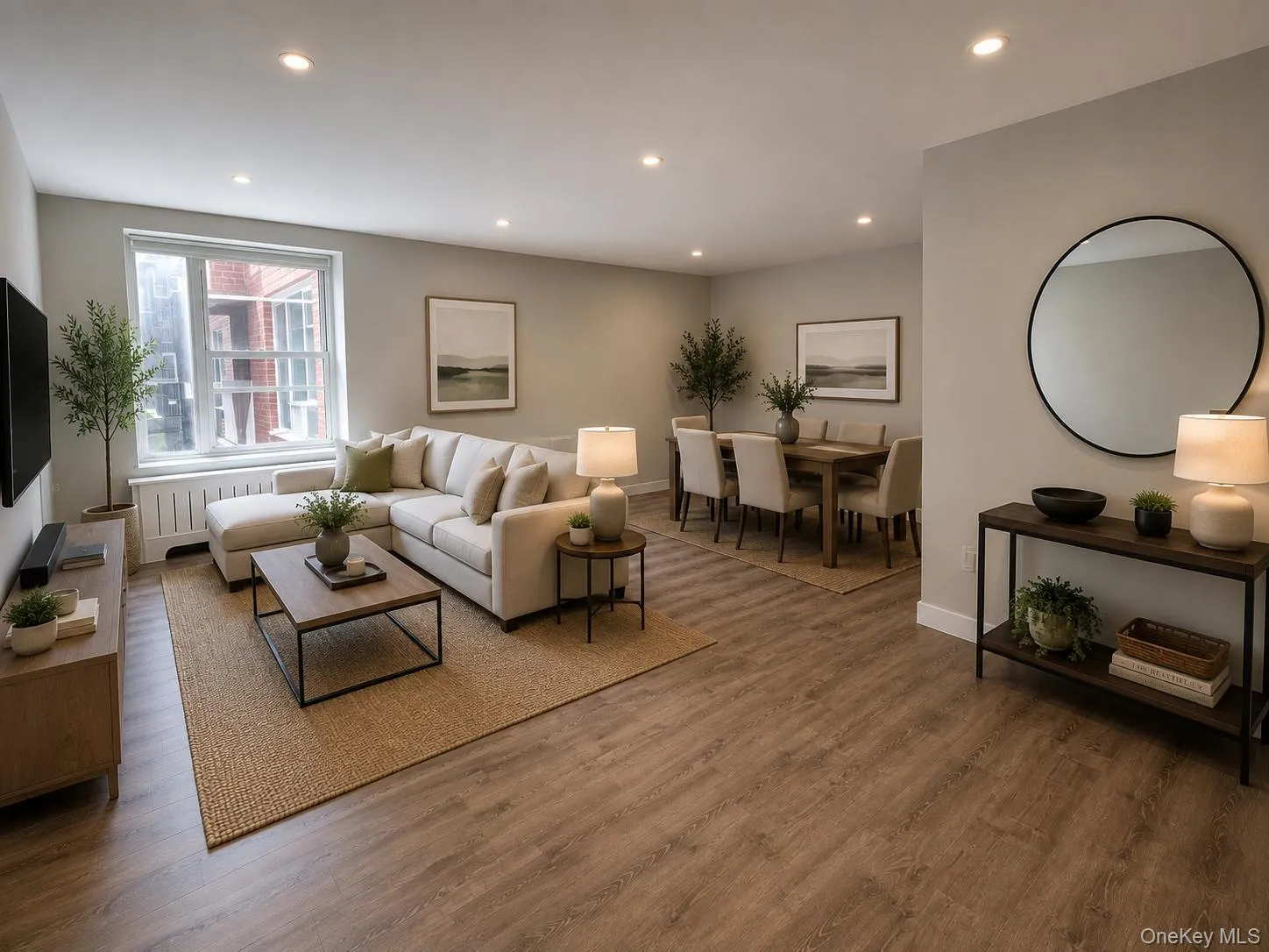 Open-concept living and dining areas featuring vinyl wood-finish flooring, recessed lighting, and a large window Open-concept living and dining areas featuring vinyl wood-finish flooring, recessed lighting, and a large window