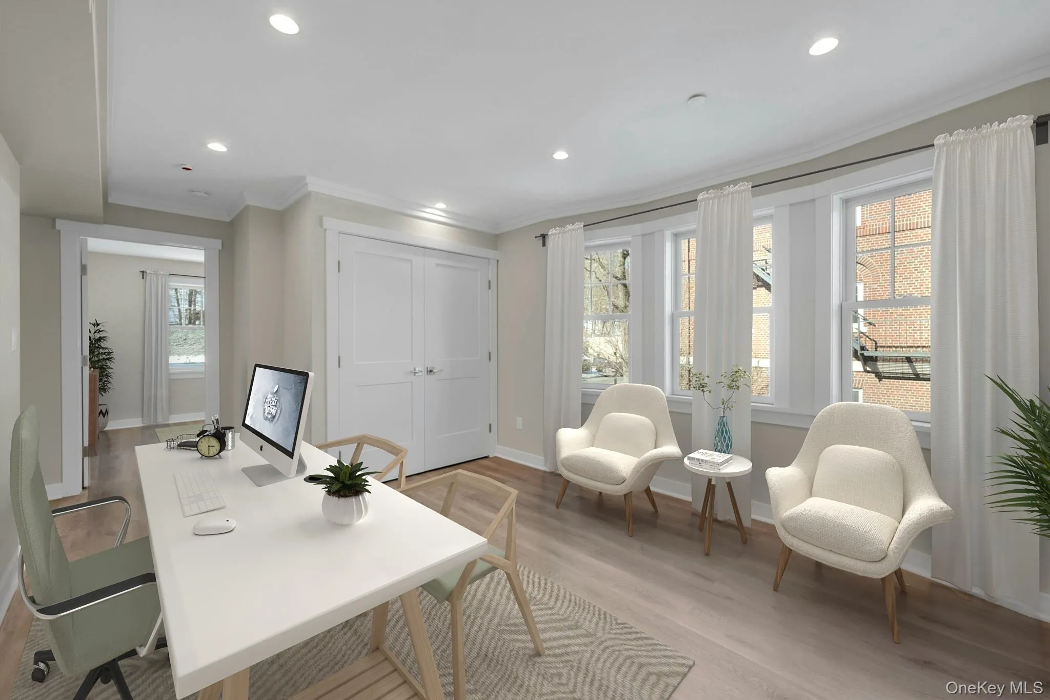 Office featuring light wood-style flooring, ornamental molding, a wealth of natural light, and recessed lighting Office featuring light wood-style flooring, ornamental molding, a wealth of natural light, and recessed lighting