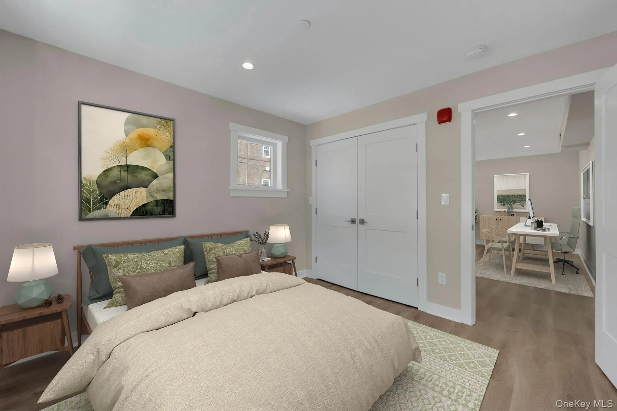 Bedroom featuring finished floors, and recessed lighting Bedroom featuring finished floors, and recessed lighting